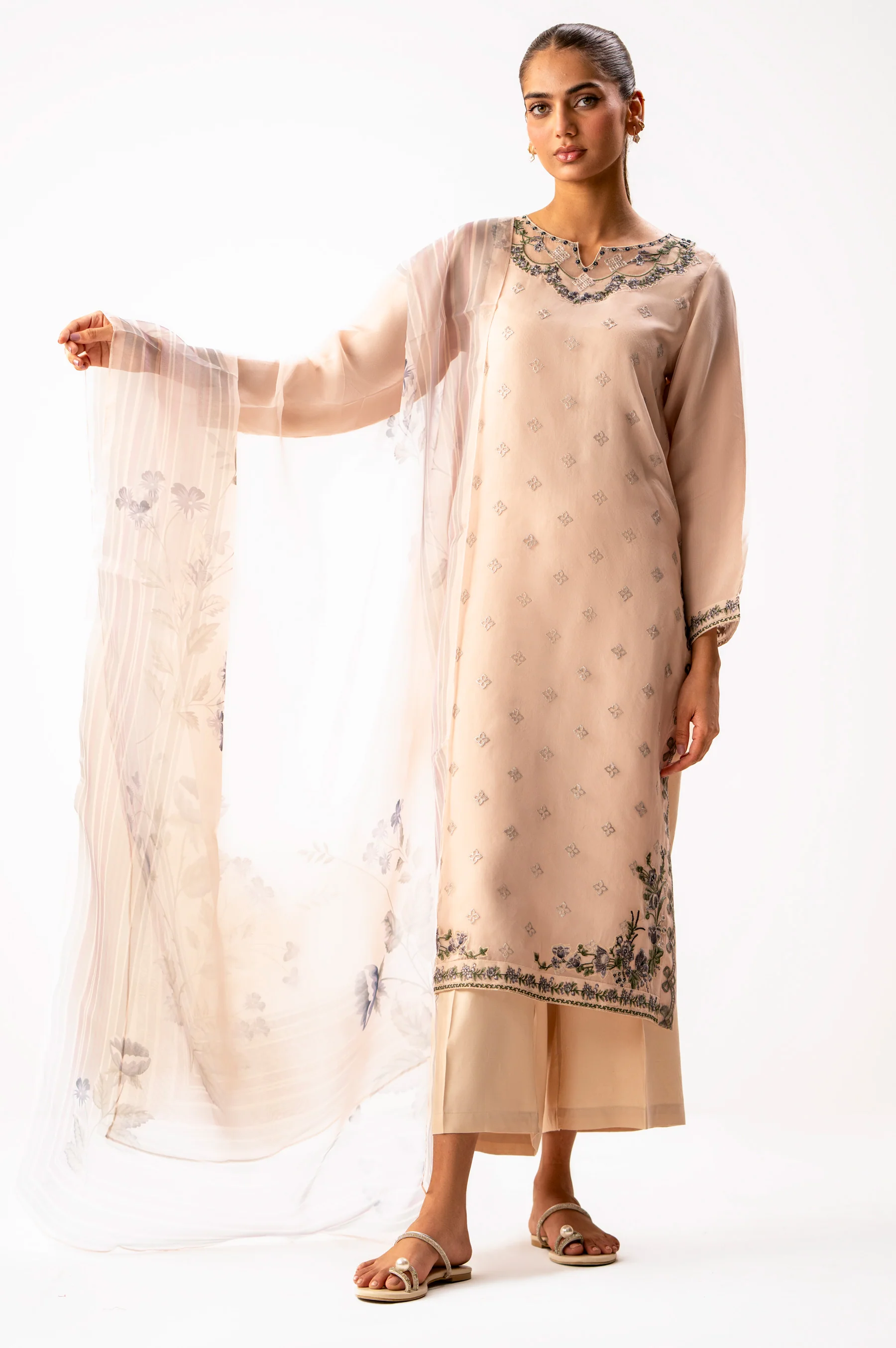 Stitched 3 Piece Embroidered Organza Suit - Image 3