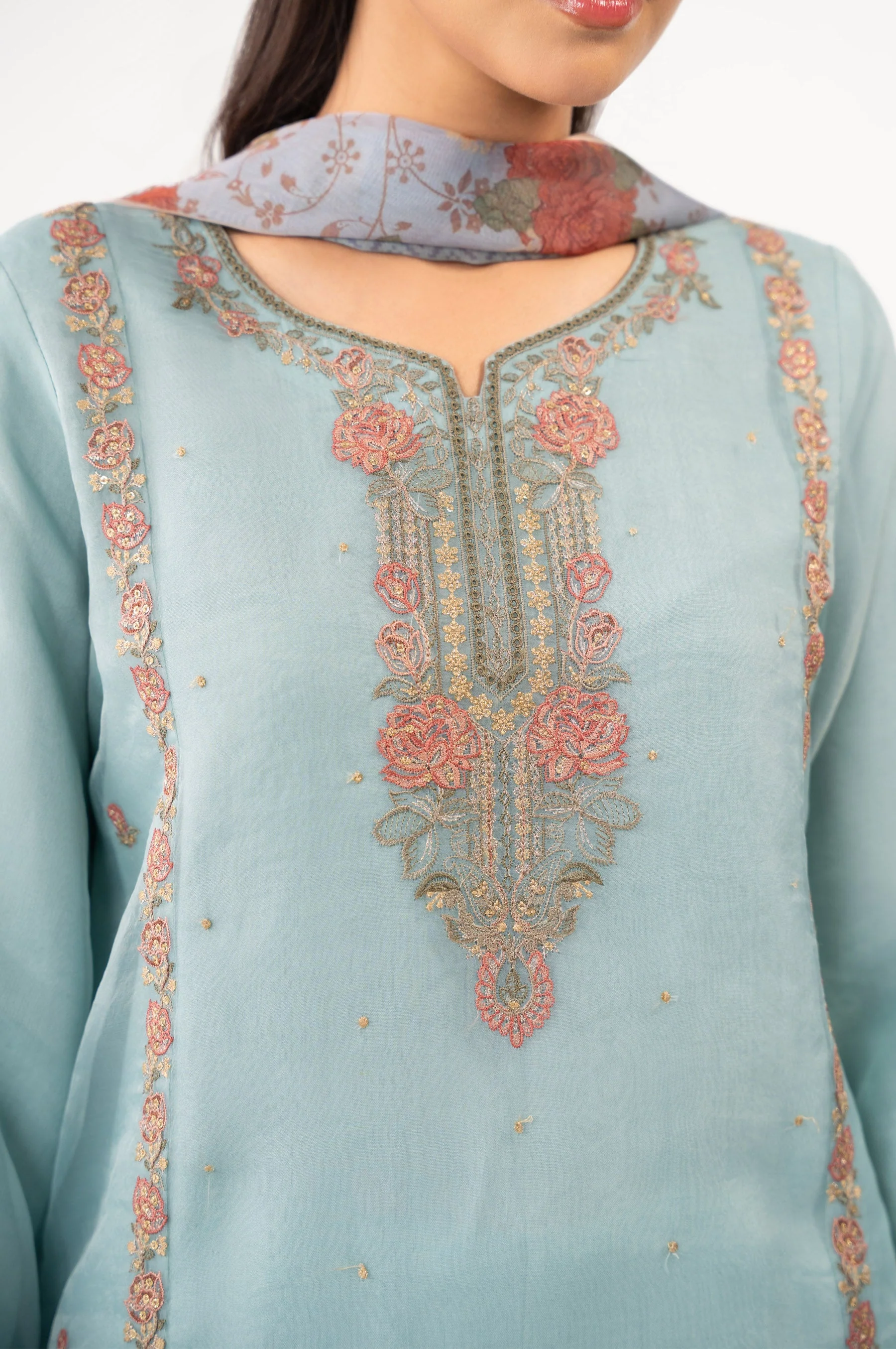 STITCHED EMBROIDERED ORGANZA SUIT (FACTORY E-OUTLET) - Image 2