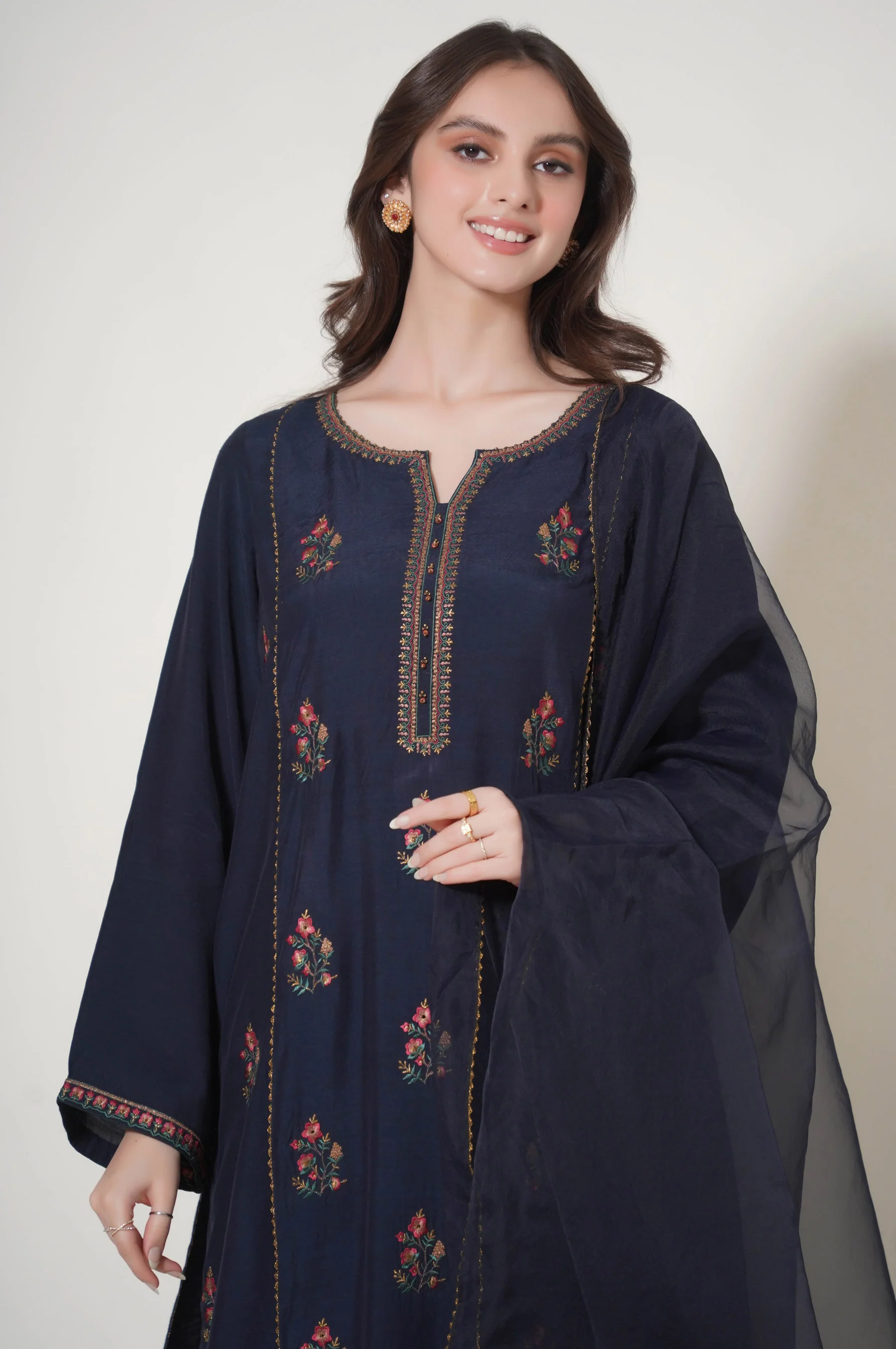 Stitched 3 Piece Embroidered Raw Silk Outfit - Image 2