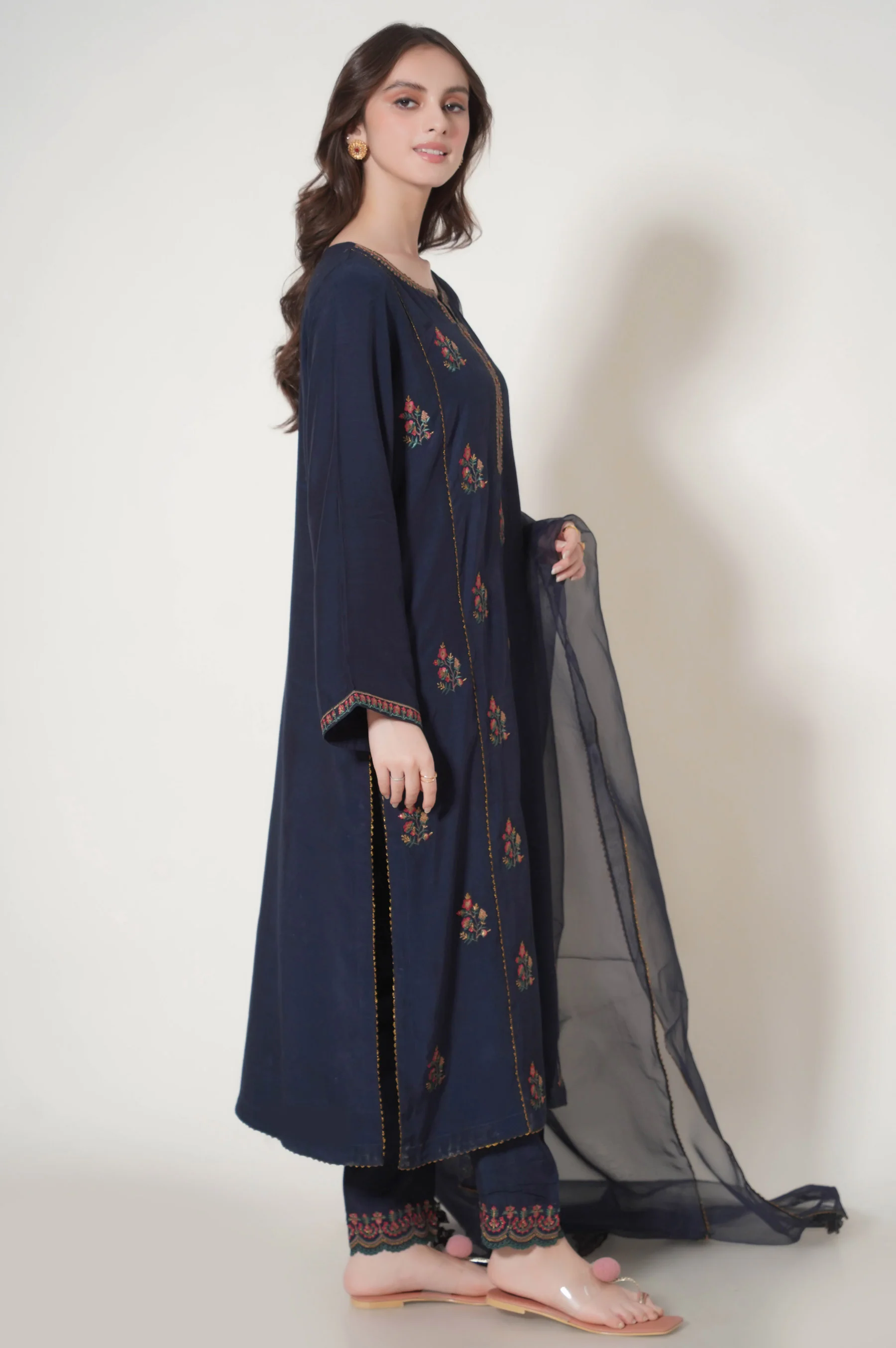 Stitched 3 Piece Embroidered Raw Silk Outfit - Image 3