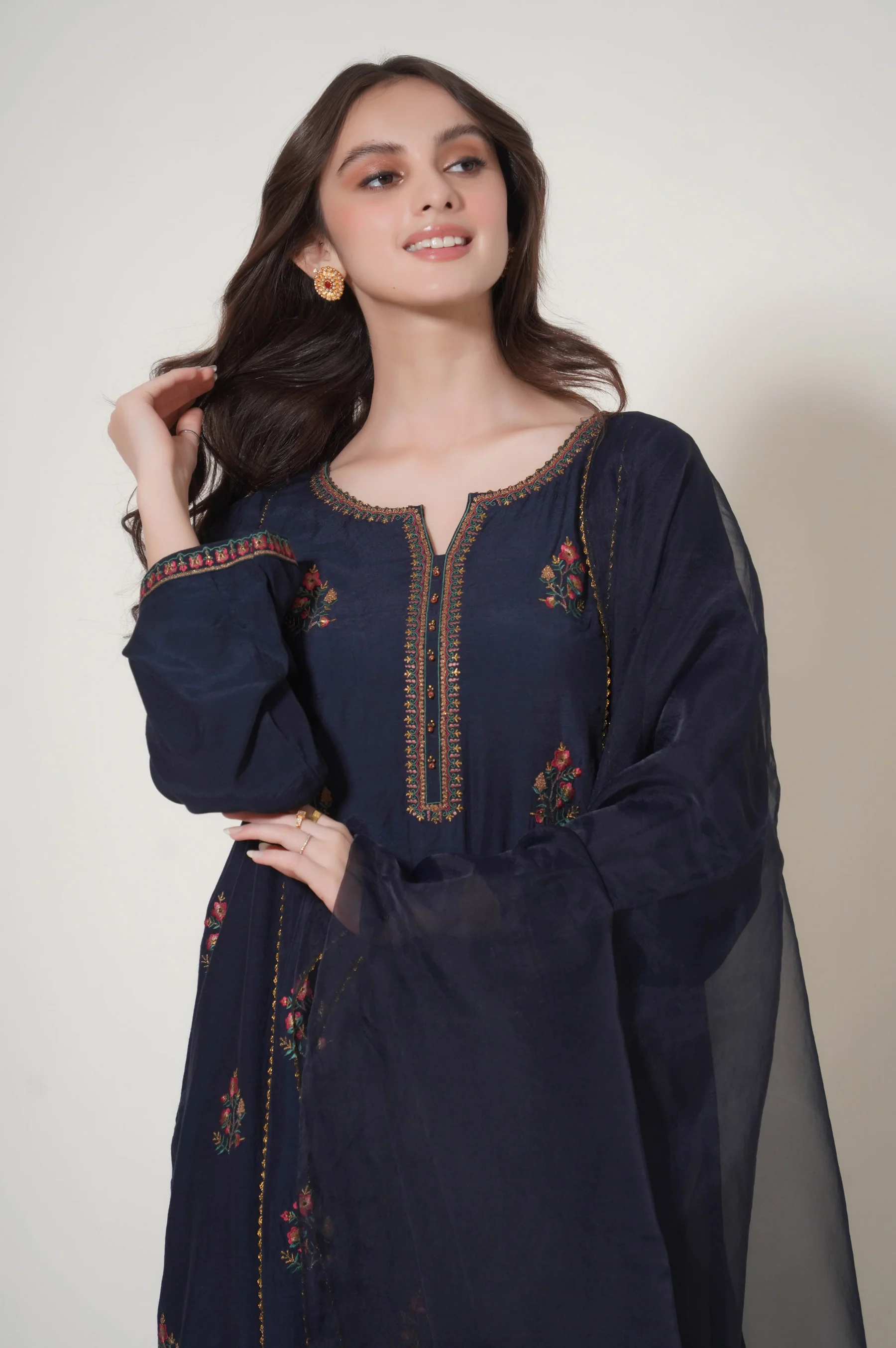 Stitched 3 Piece Embroidered Raw Silk Outfit - Image 4