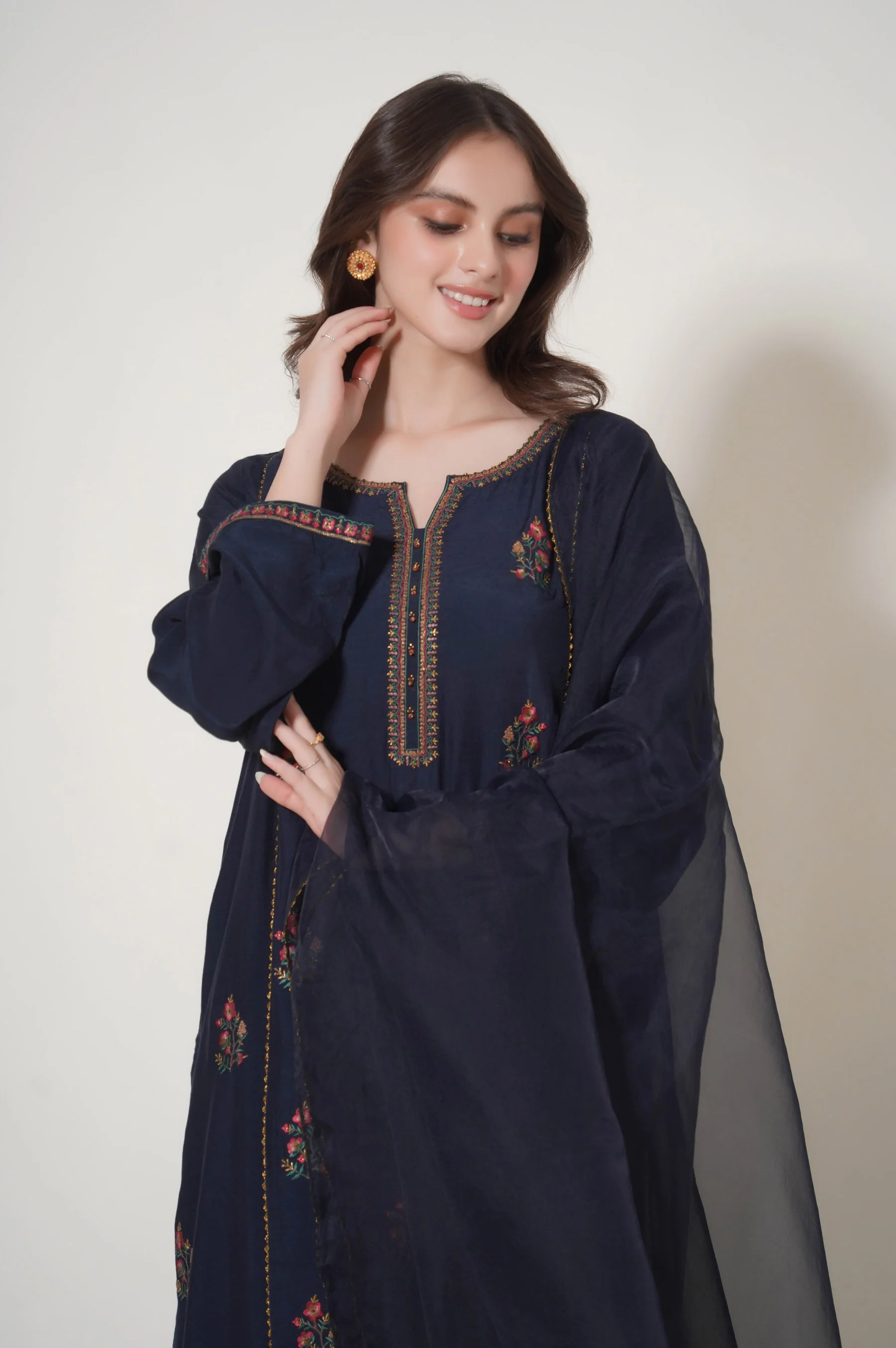 Stitched 3 Piece Embroidered Raw Silk Outfit - Image 5