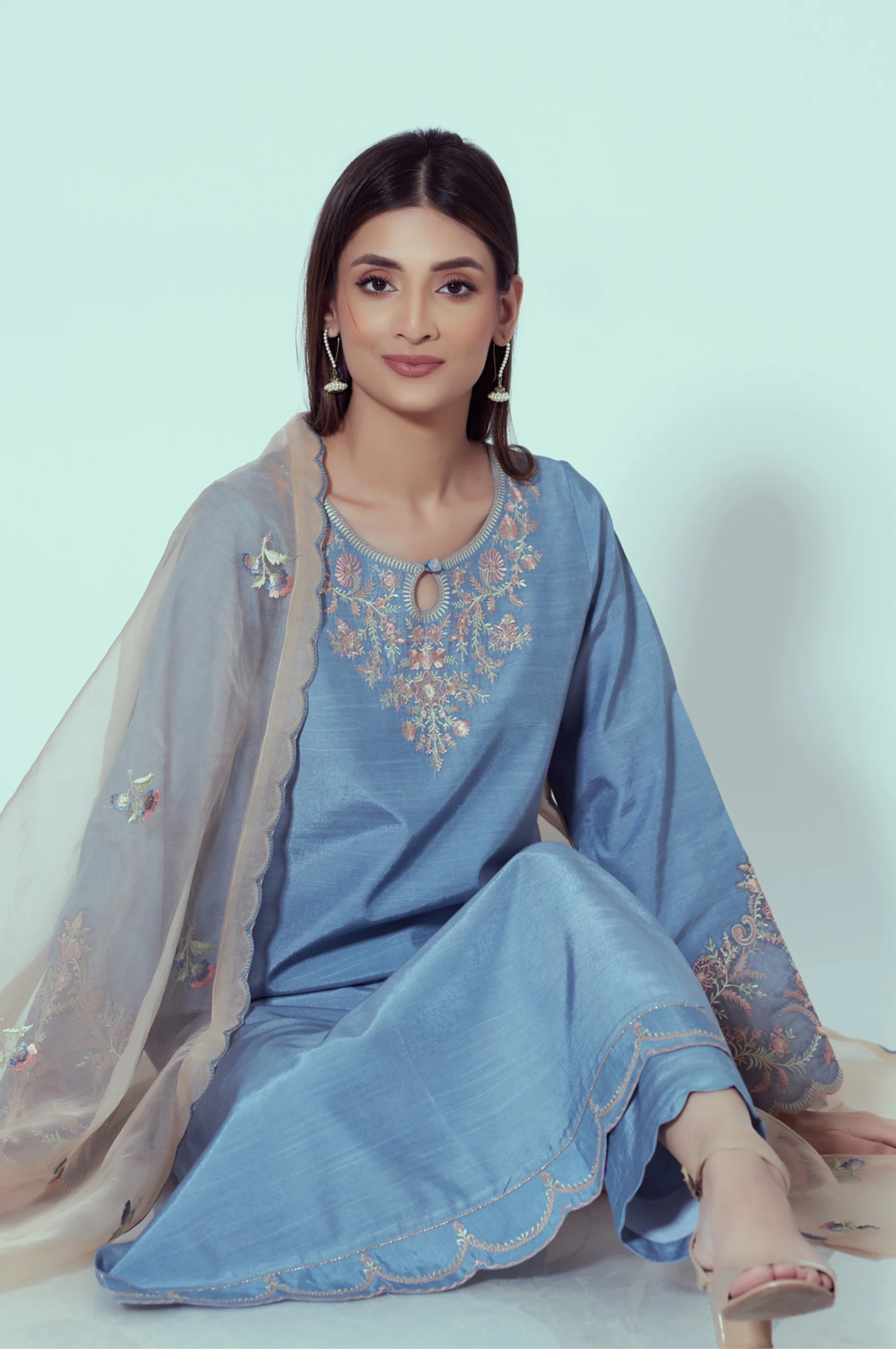 Stitched 3 Piece Embroidered Rawsilk Suit - Image 6