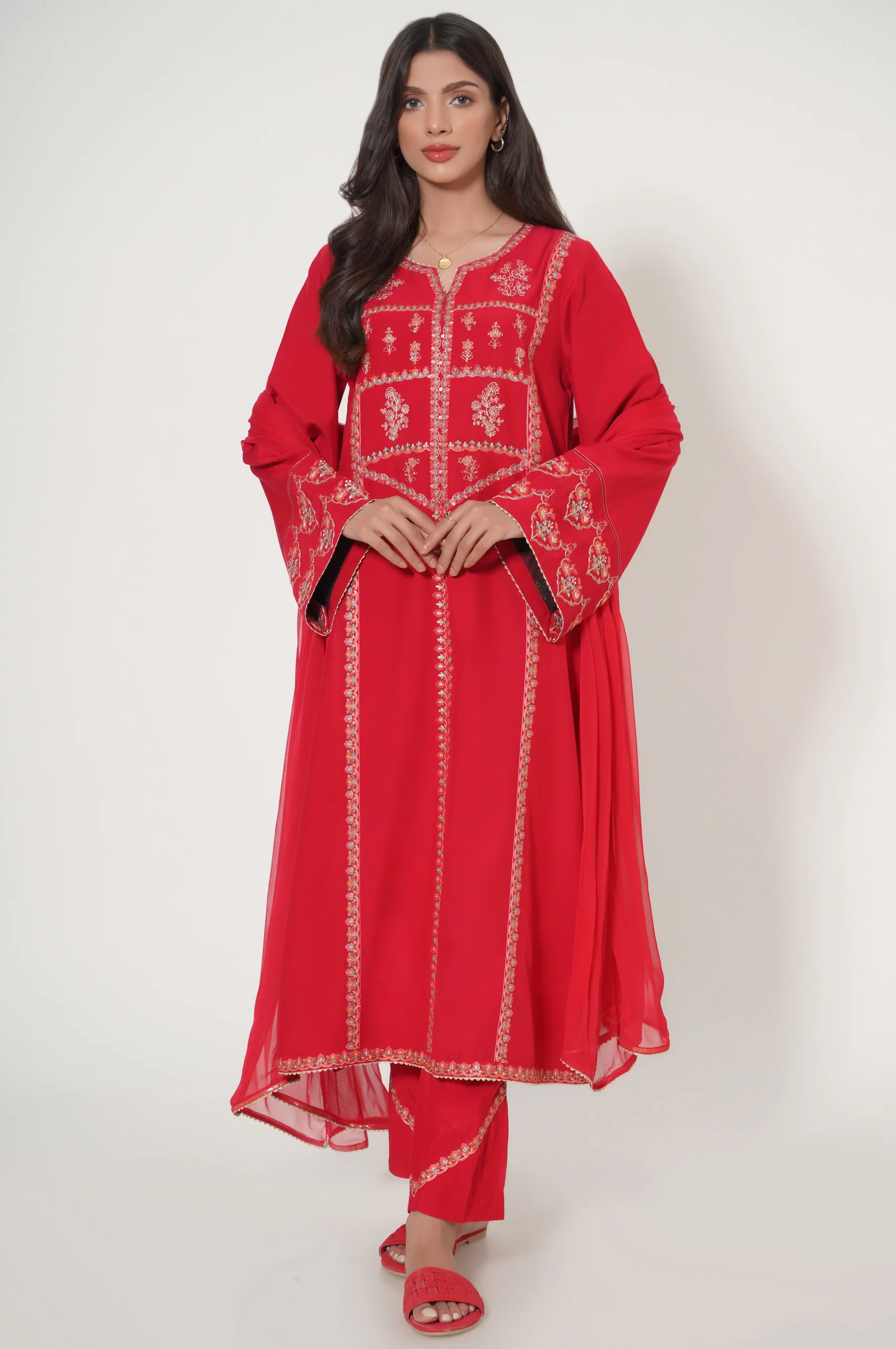 Stitched 3 Piece Embroidered Raw Silk Suit - Image 5