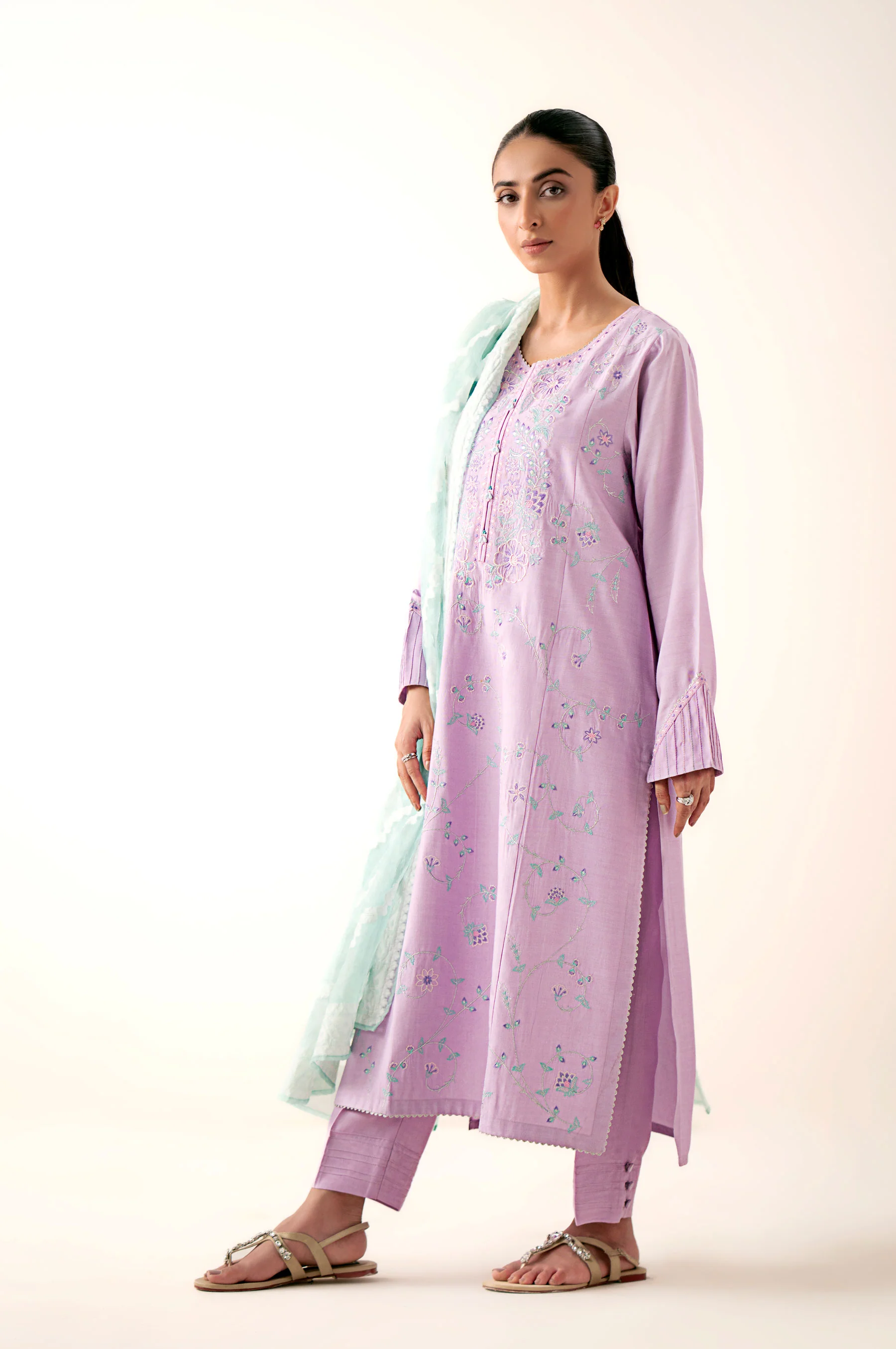 Stitched 3 Piece Embroidered Oak Silk Suit with Cotton Net Jacquard Dupatta - Image 3