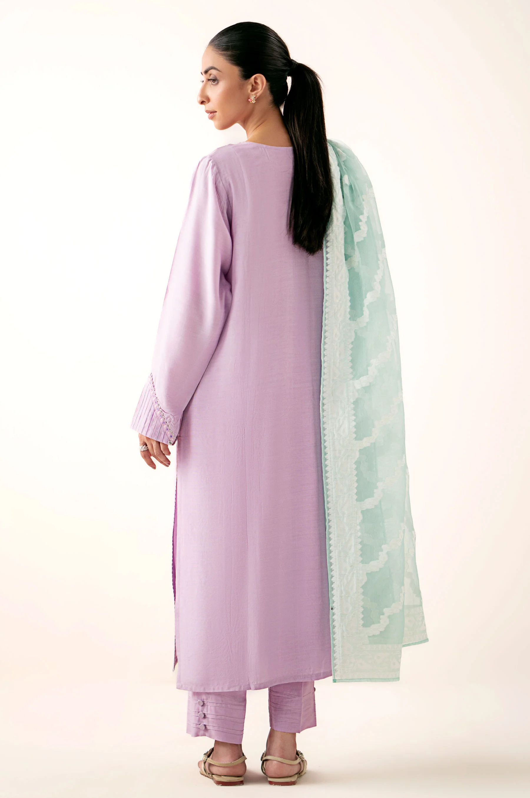 Stitched 3 Piece Embroidered Oak Silk Suit with Cotton Net Jacquard Dupatta - Image 4