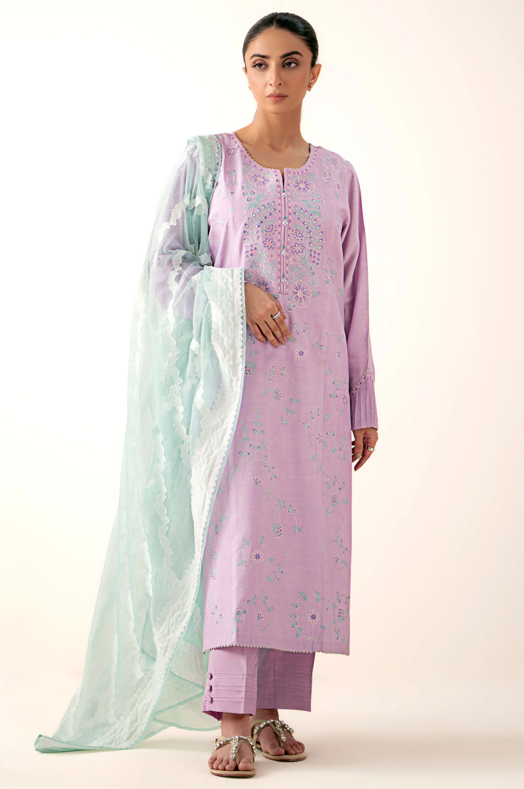 Stitched 3 Piece Embroidered Oak Silk Suit with Cotton Net Jacquard Dupatta - Image 5