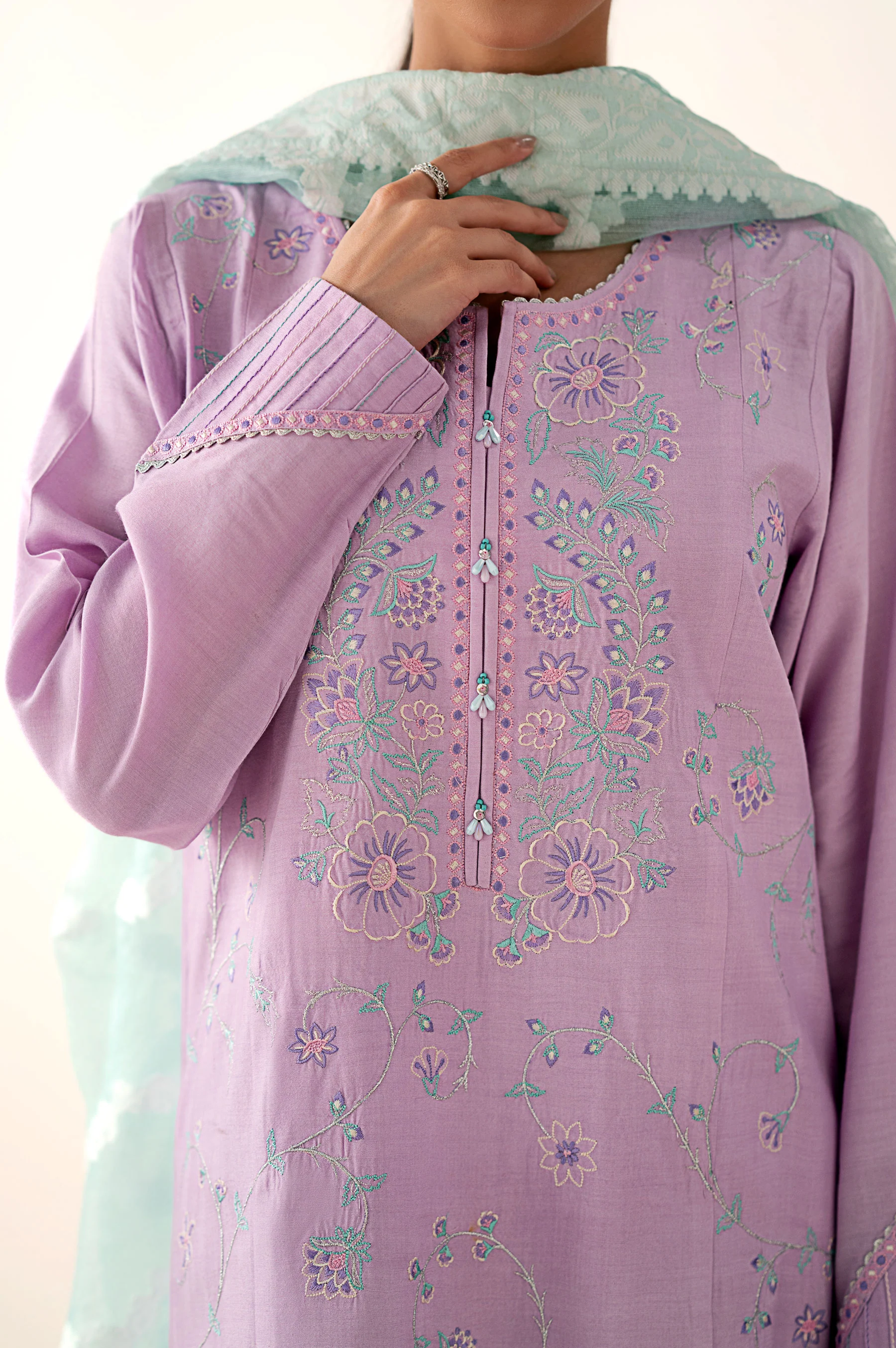 Stitched 3 Piece Embroidered Oak Silk Suit with Cotton Net Jacquard Dupatta - Image 6