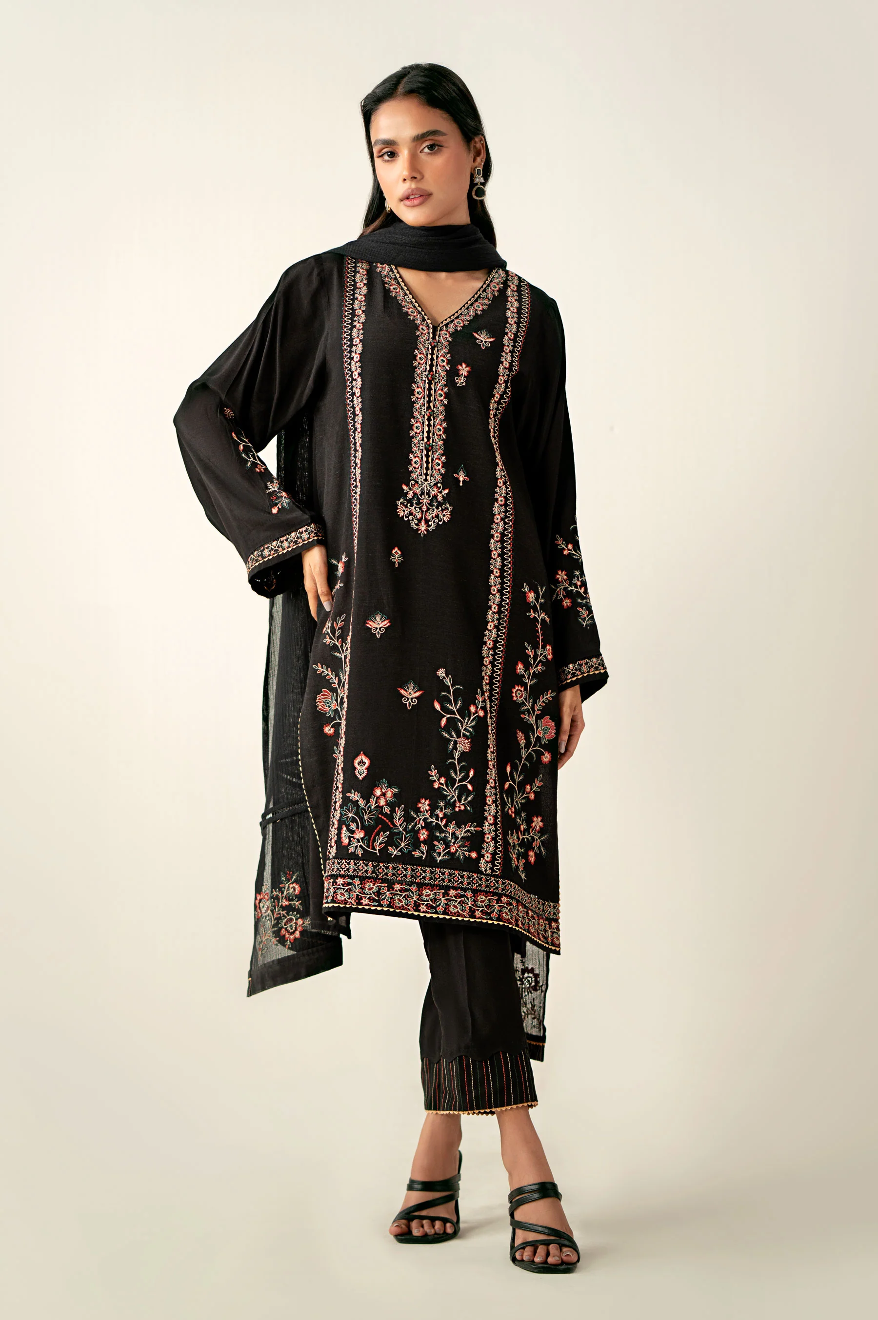 Stitched 3 Piece Embroidered Raw Silk Suit