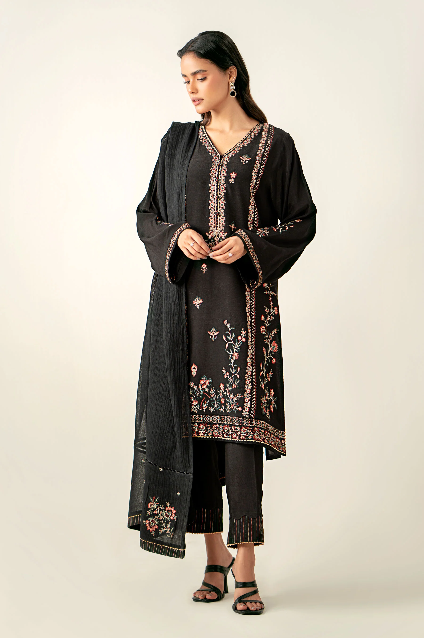 Stitched 3 Piece Embroidered Raw Silk Suit - Image 3