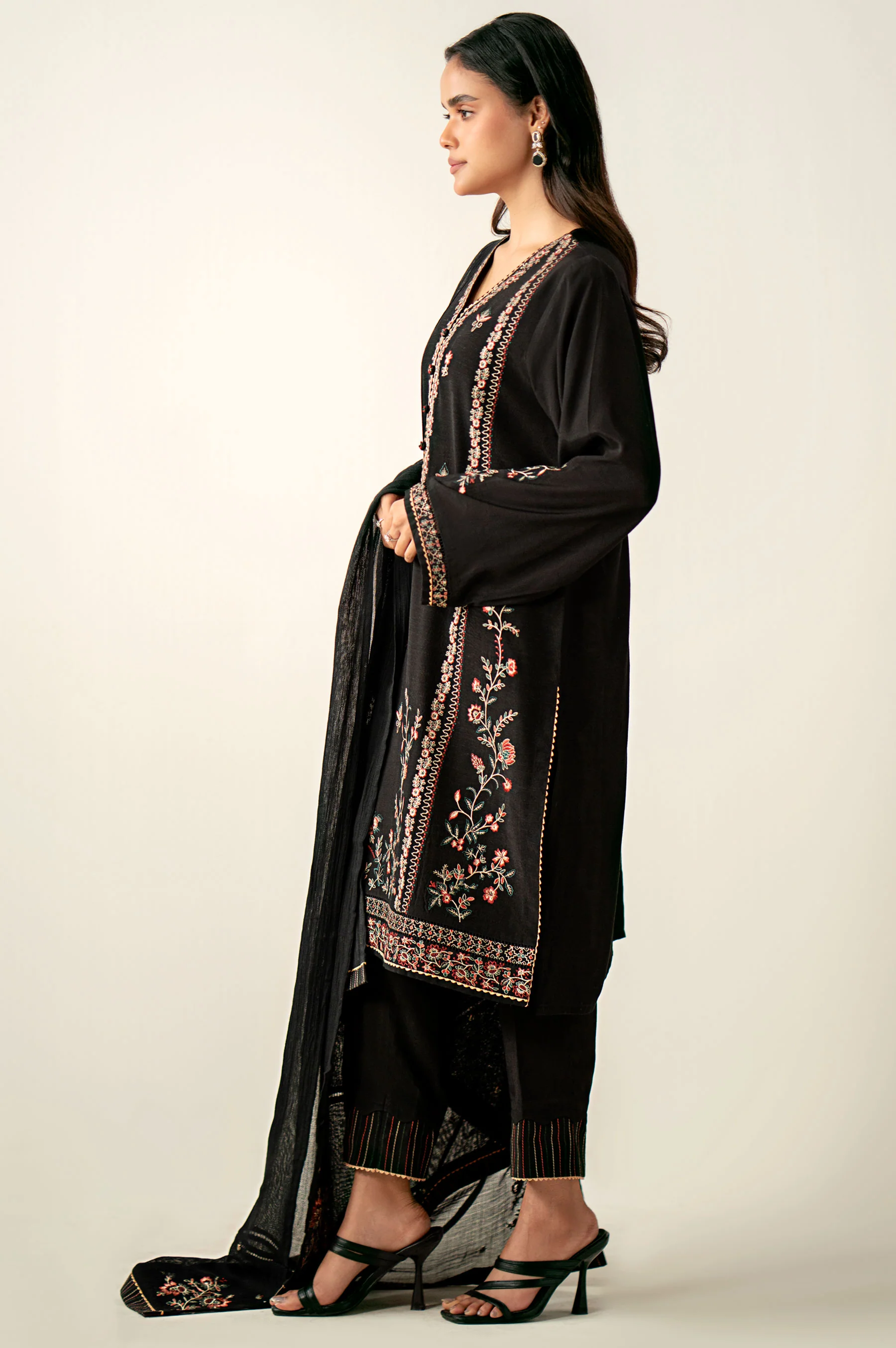 Stitched 3 Piece Embroidered Raw Silk Suit - Image 4