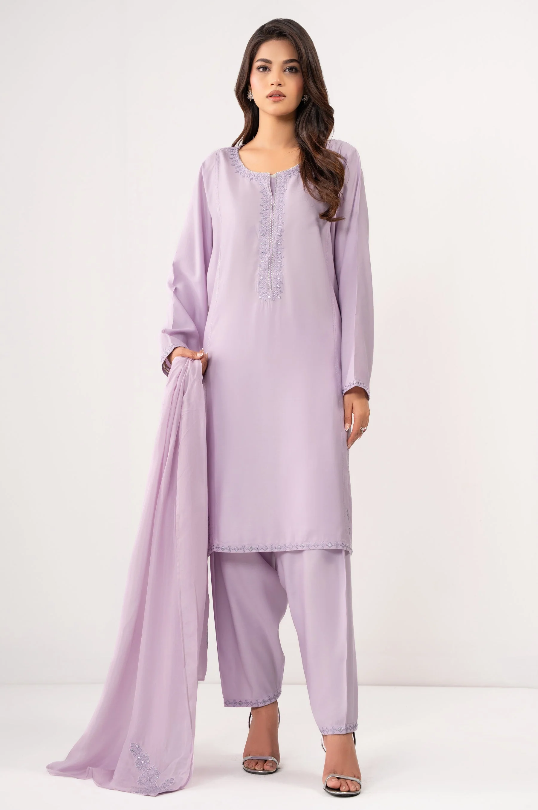 STITCHED EMBROIDERED RAW SILK SUIT (FACTORY E-OUTLET)