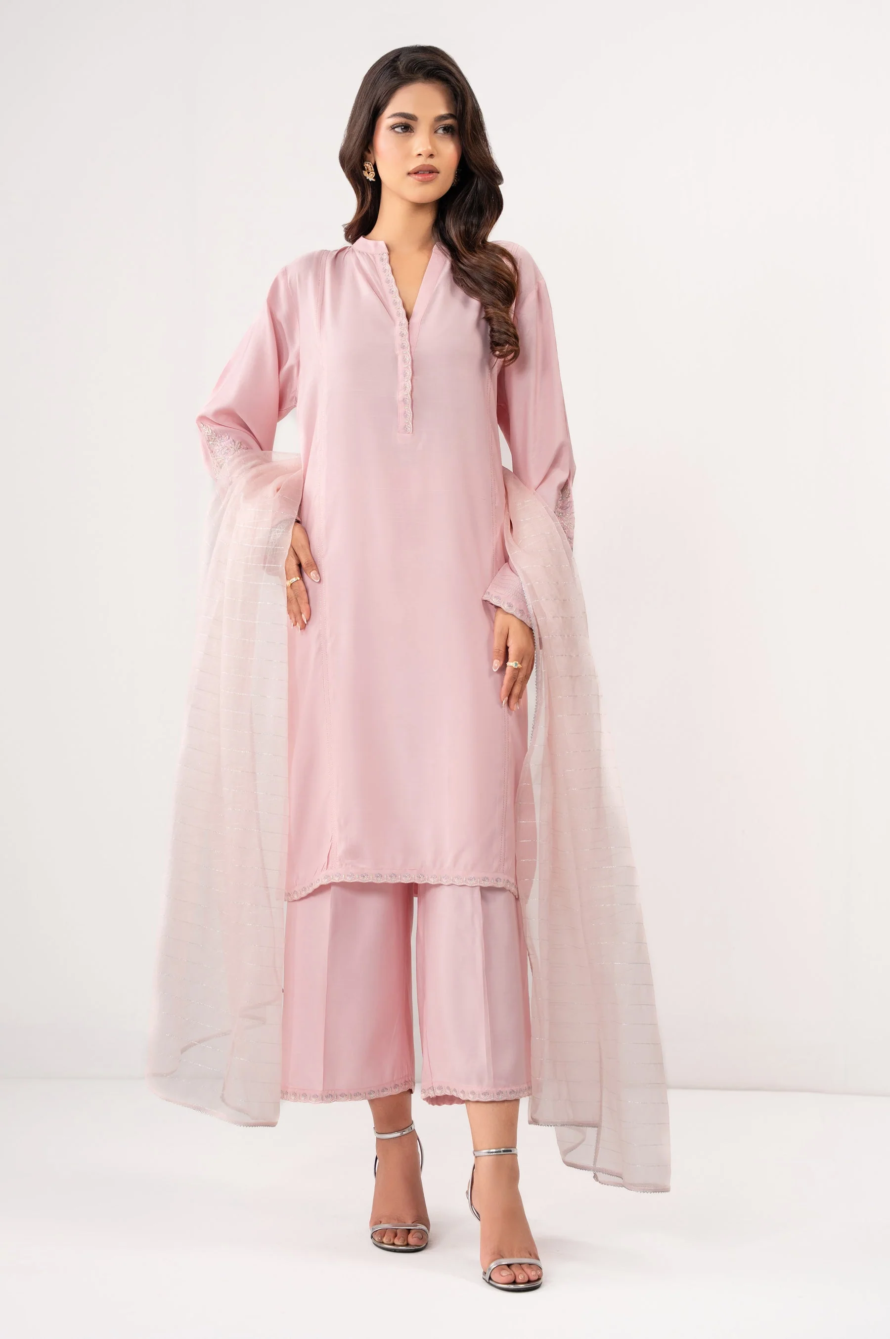 Stitched 3 Piece Embroidered Raw Silk Suit (FACTORY E-OUTLET) - Image 3