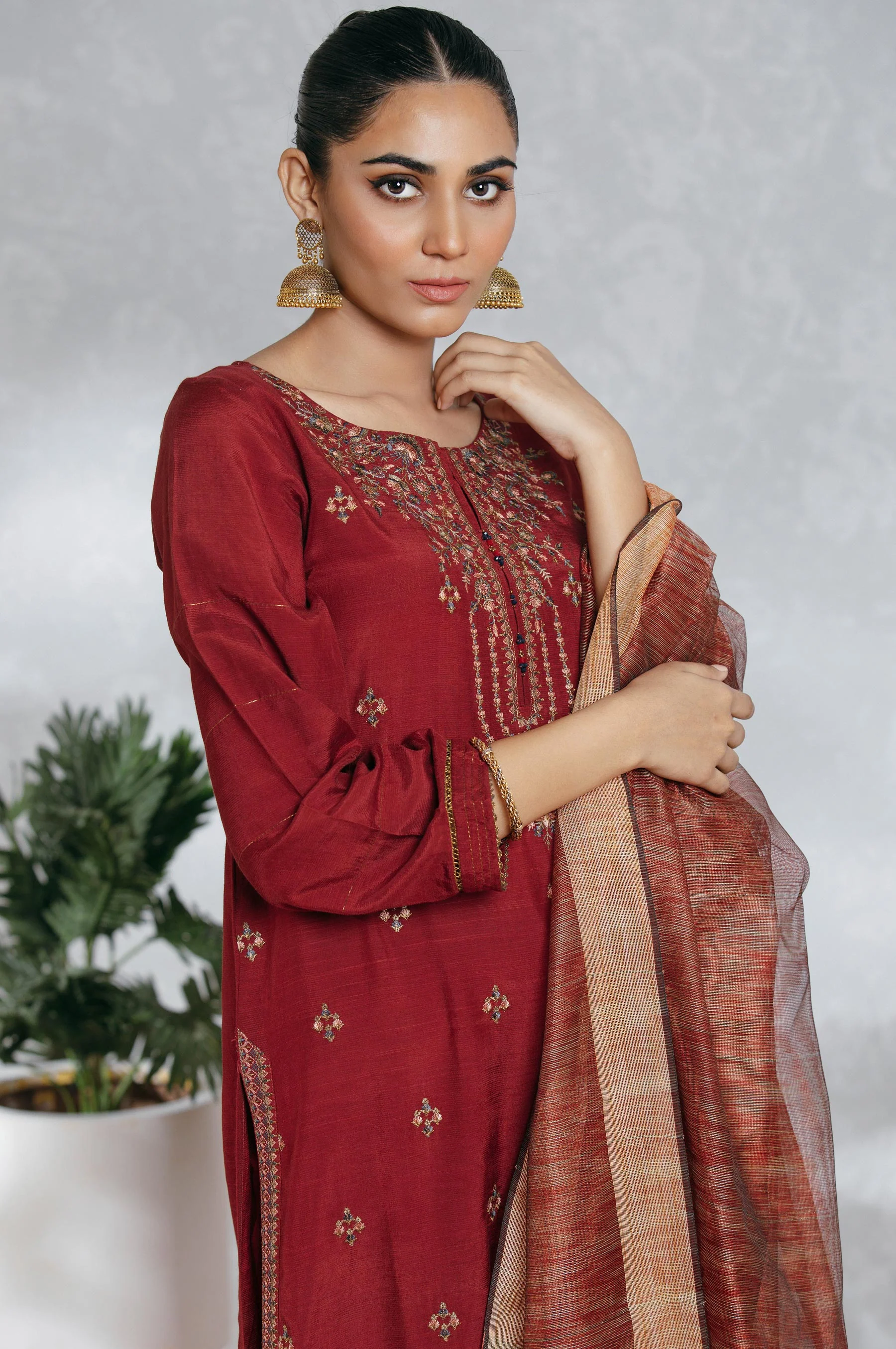 Stitched 3 Piece Raw Silk Embroidered Suit - Image 2