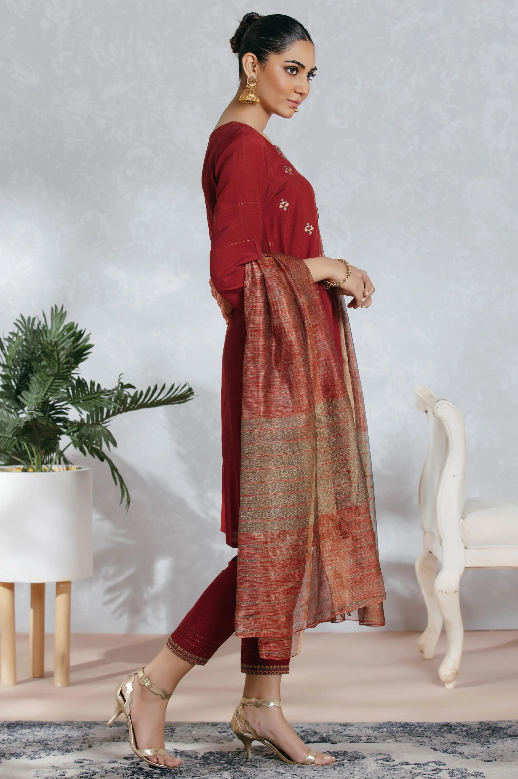 Stitched 3 Piece Raw Silk Embroidered Suit - Image 3