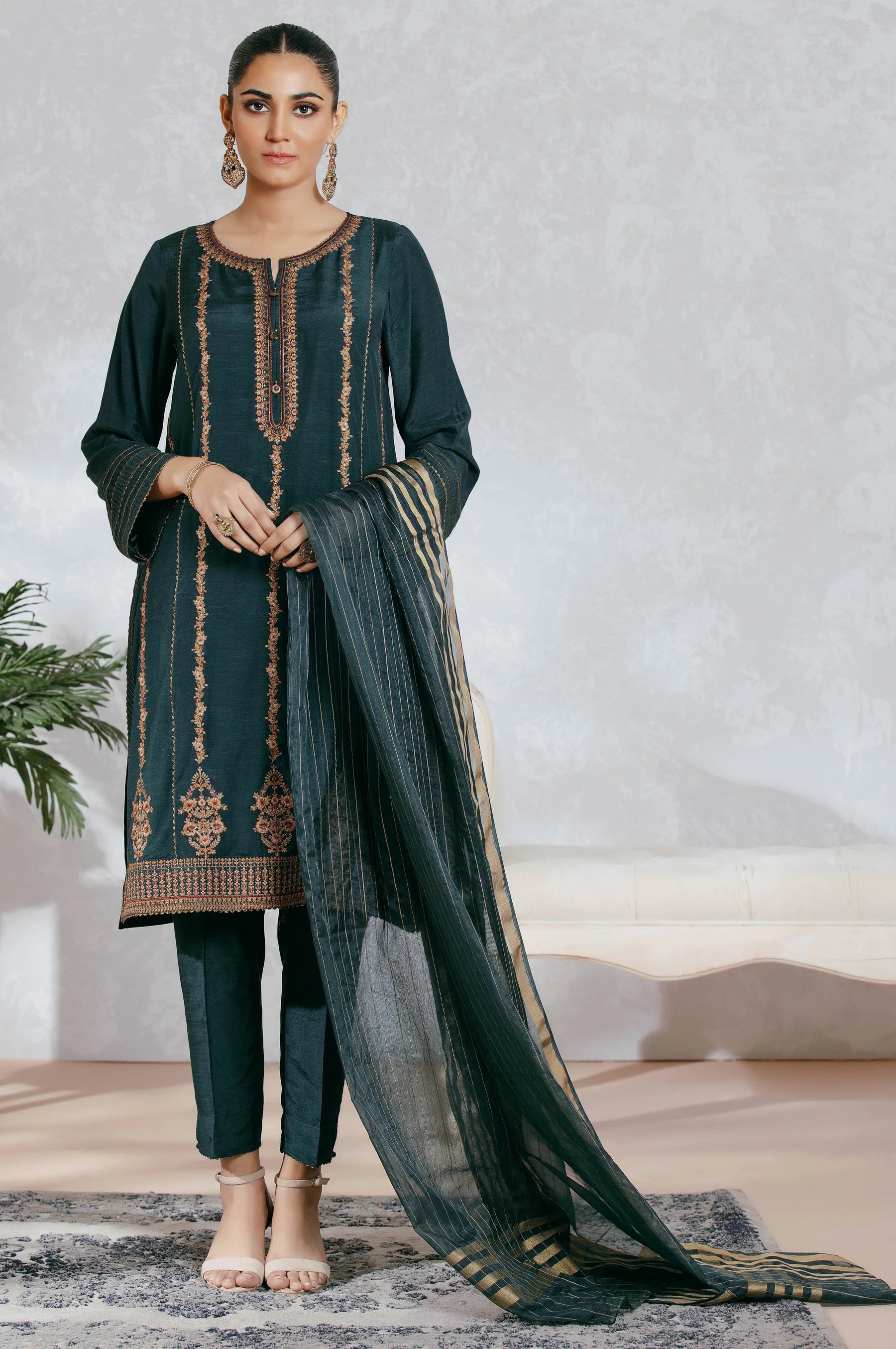 Stitched 3 Piece Raw Silk Embroidered Suit - Image 2