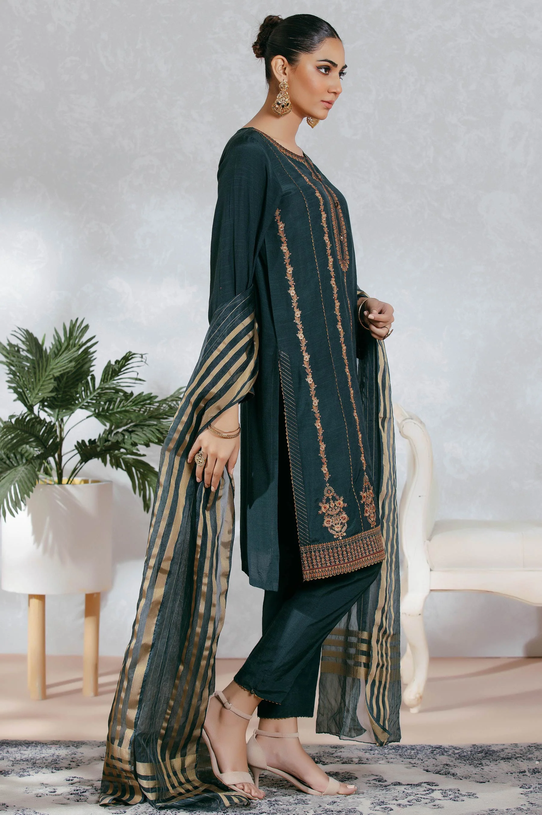 Stitched 3 Piece Raw Silk Embroidered Suit - Image 3