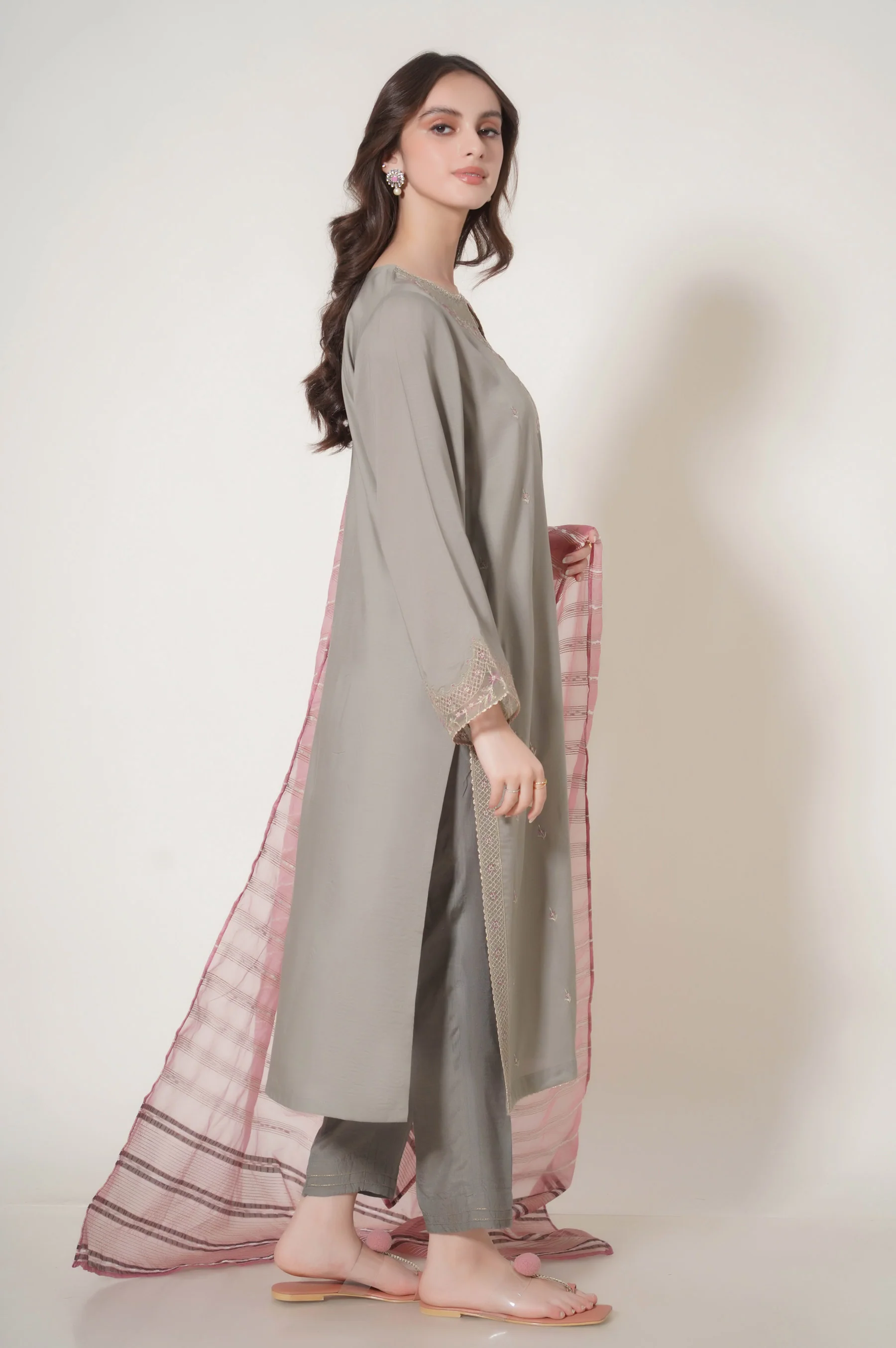 Stitched 3 Piece Embroidered Raw Silk Suit - Image 3