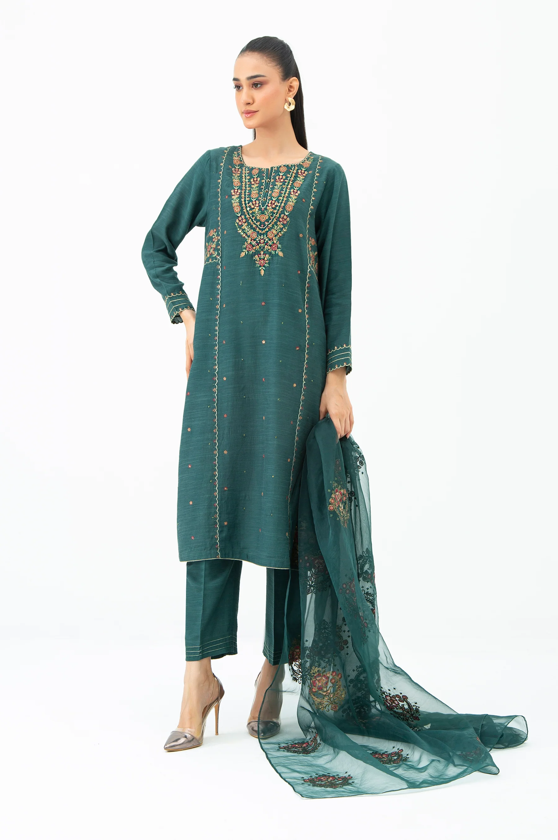 EMBROIDERED RAW SILK STITCHED 3 PIECE SUIT