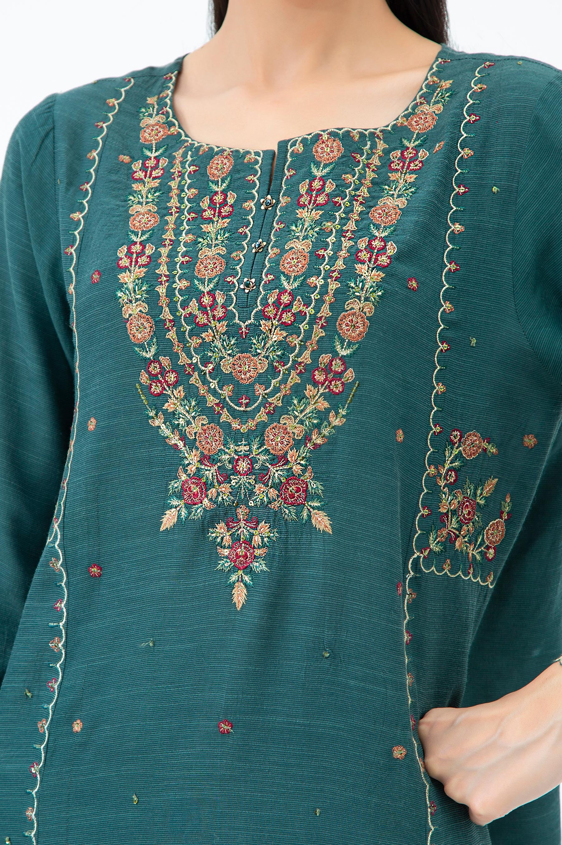 EMBROIDERED RAW SILK STITCHED 3 PIECE SUIT - Image 2
