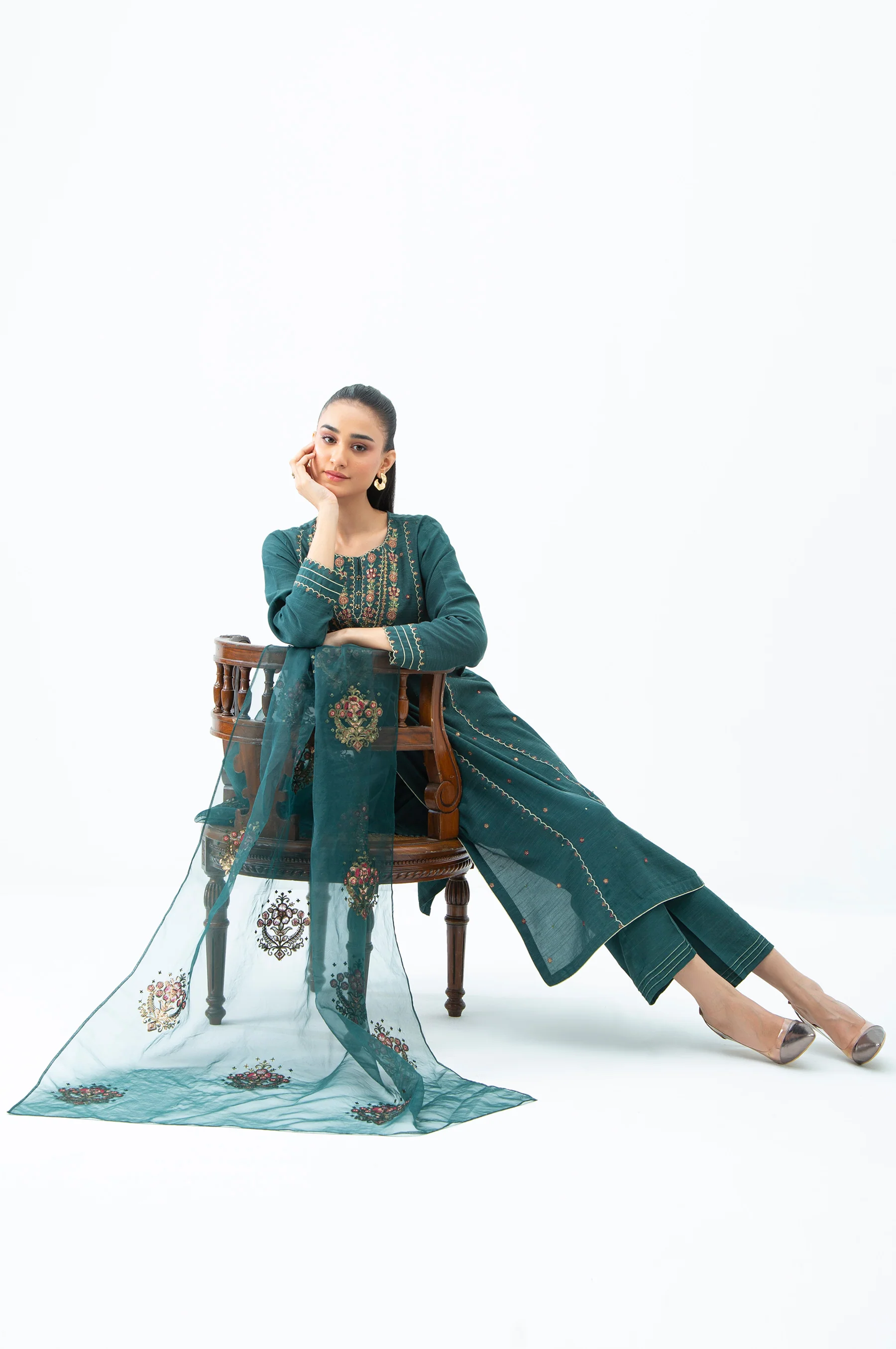 EMBROIDERED RAW SILK STITCHED 3 PIECE SUIT - Image 4