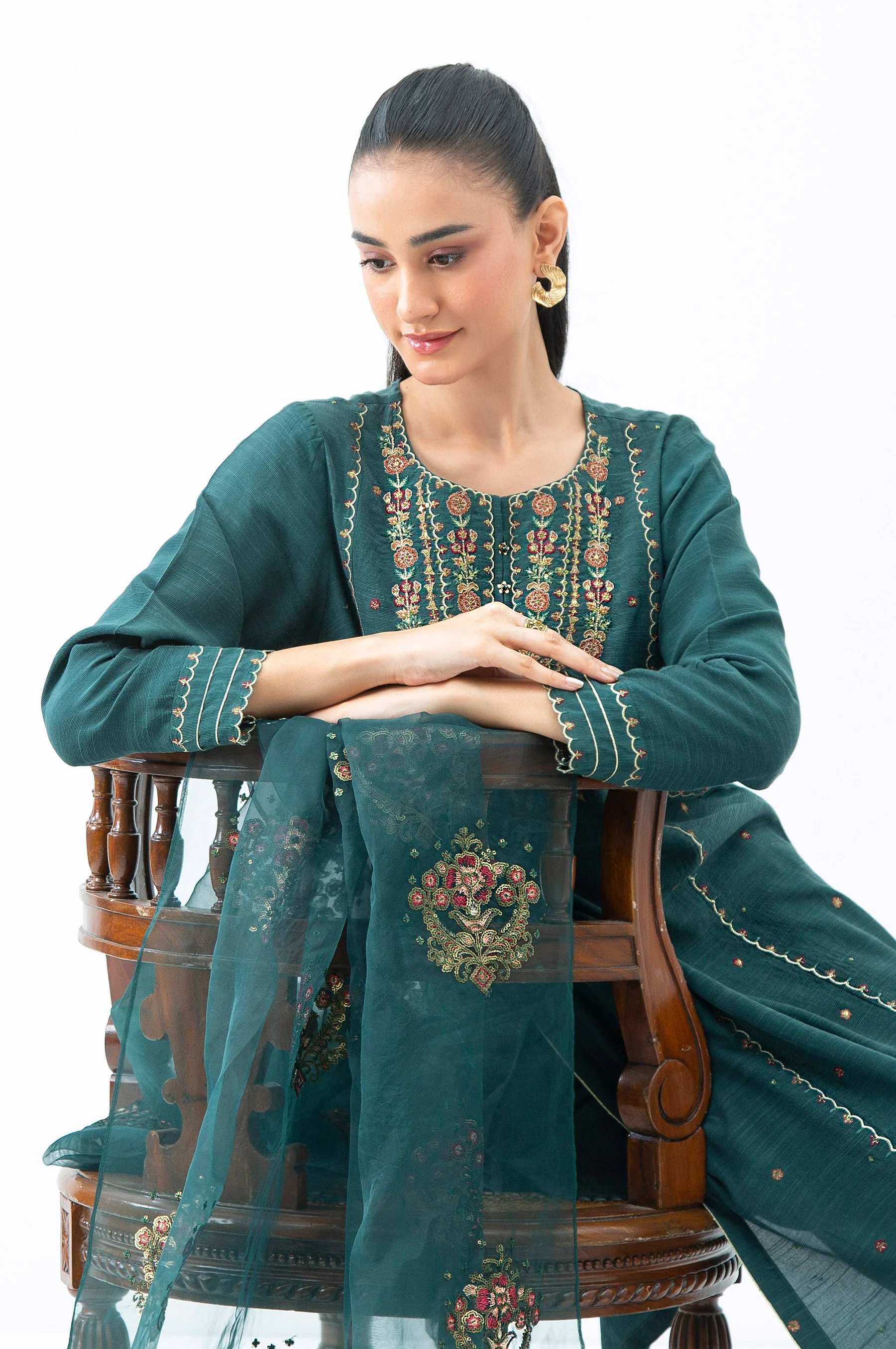 EMBROIDERED RAW SILK STITCHED 3 PIECE SUIT - Image 5