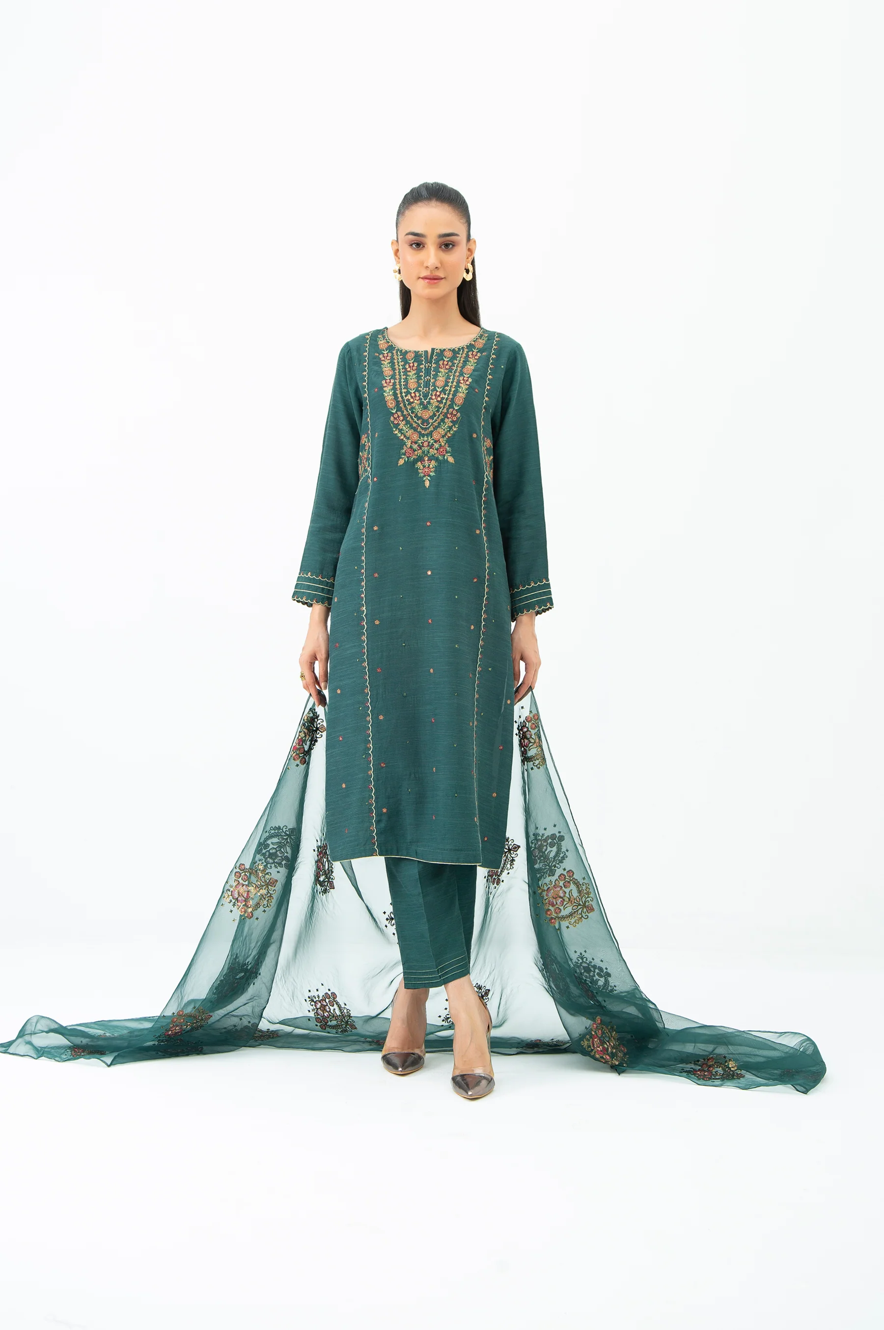 EMBROIDERED RAW SILK STITCHED 3 PIECE SUIT - Image 6