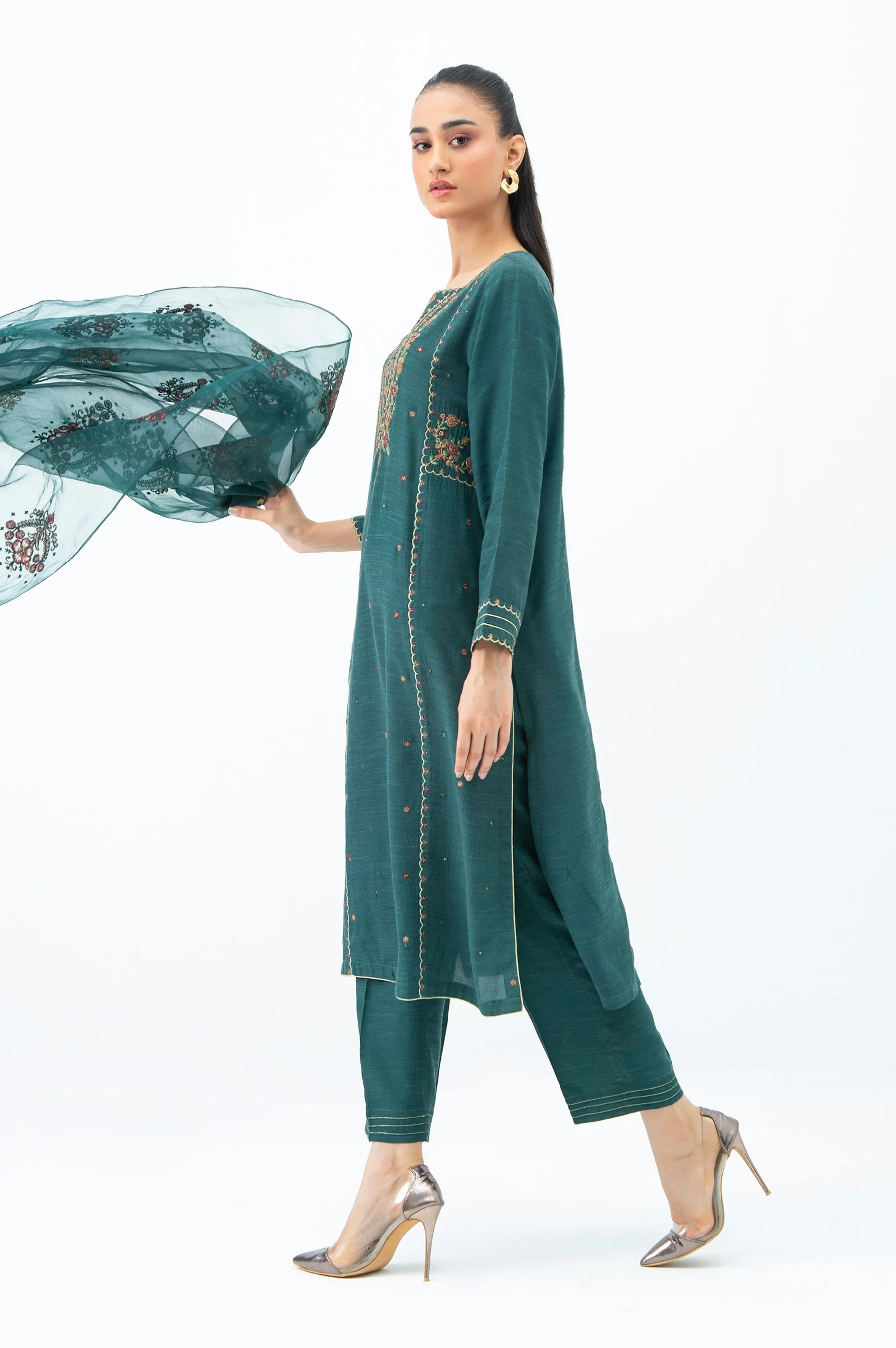 EMBROIDERED RAW SILK STITCHED 3 PIECE SUIT (FACTORY E-OUTLET) - Image 8