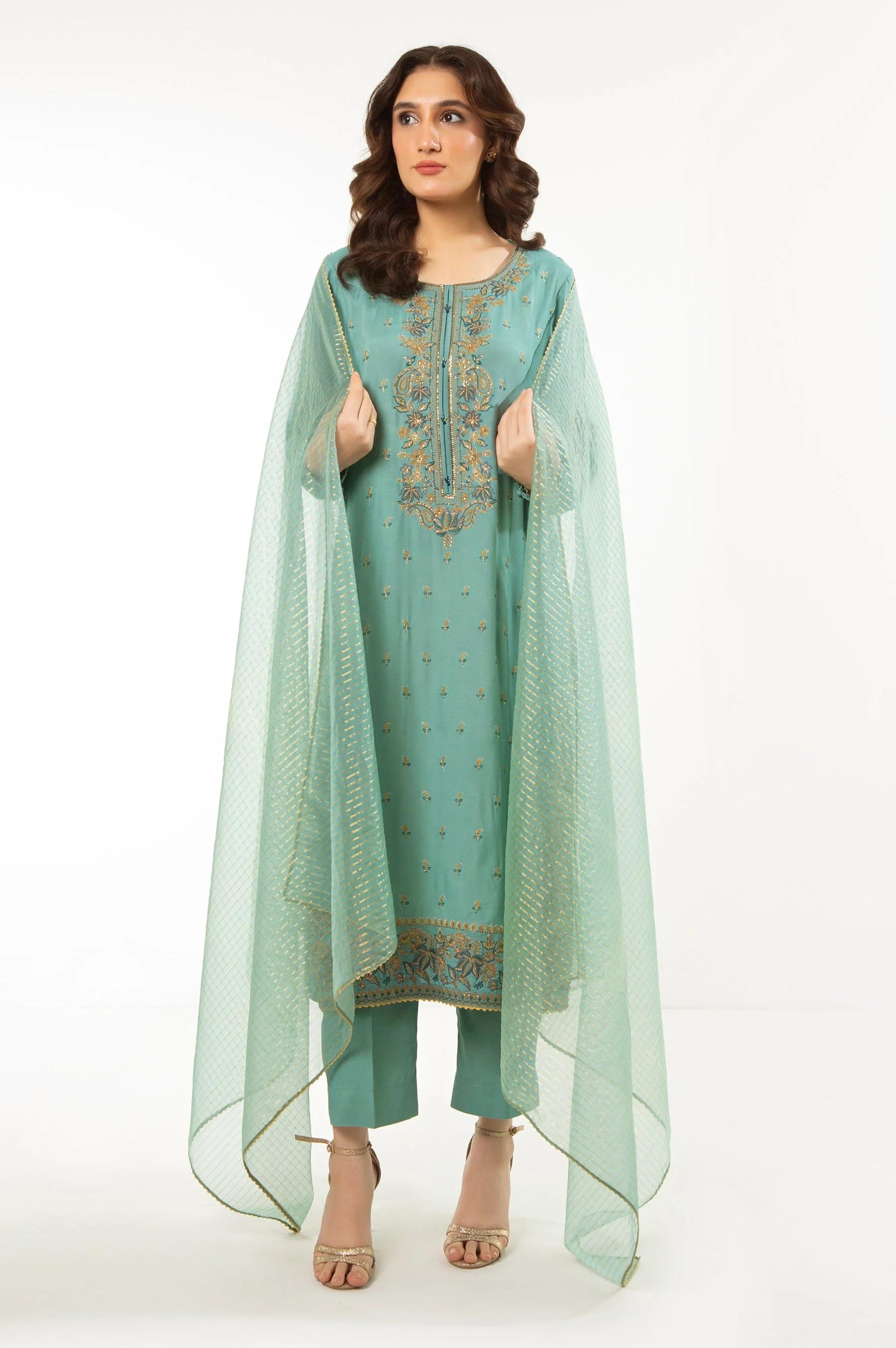 STITCHED EMBROIDERED RAW SILK SUIT (FACTORY E-OUTLET)