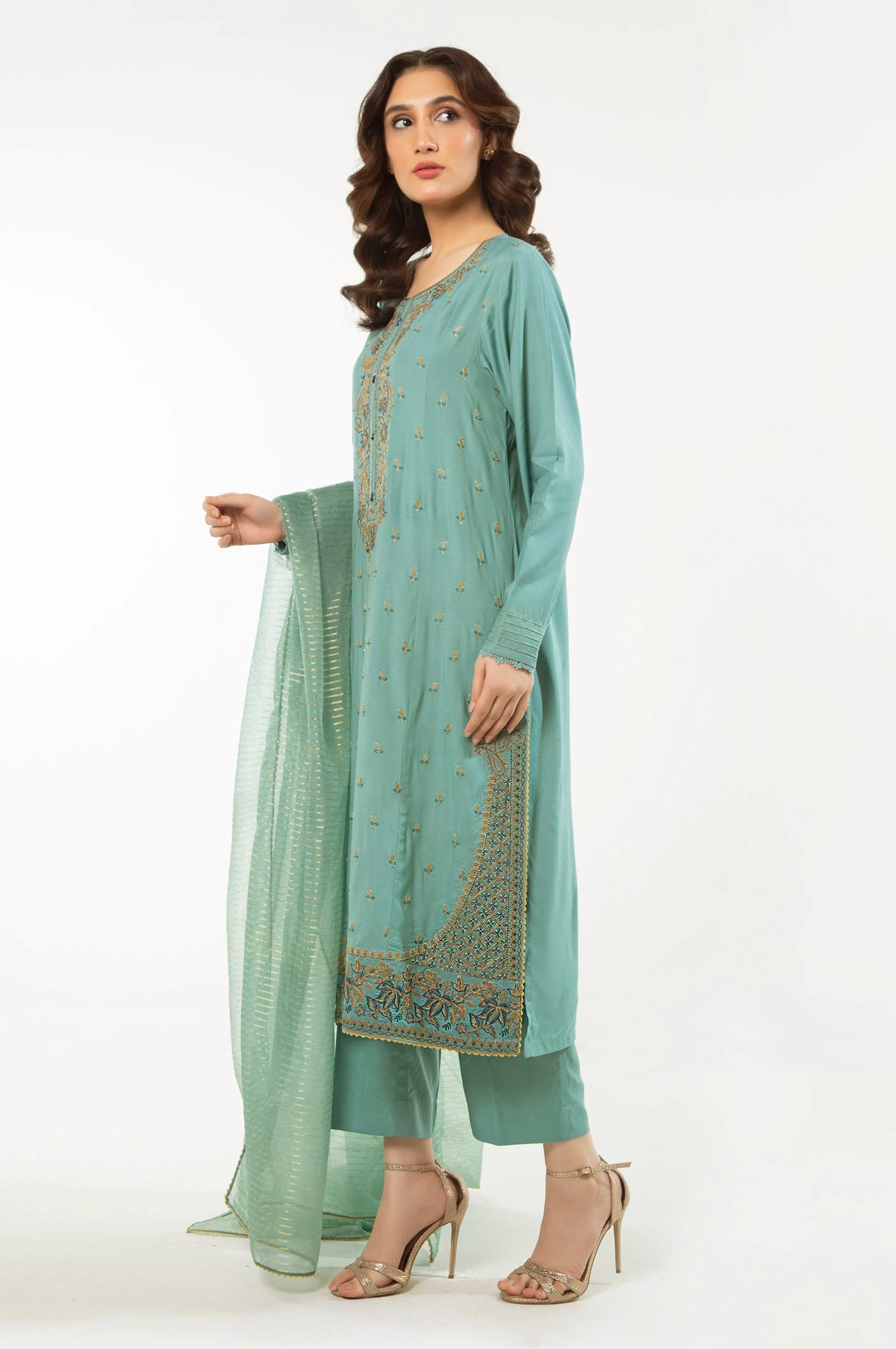 STITCHED EMBROIDERED RAW SILK SUIT (FACTORY E-OUTLET) - Image 3