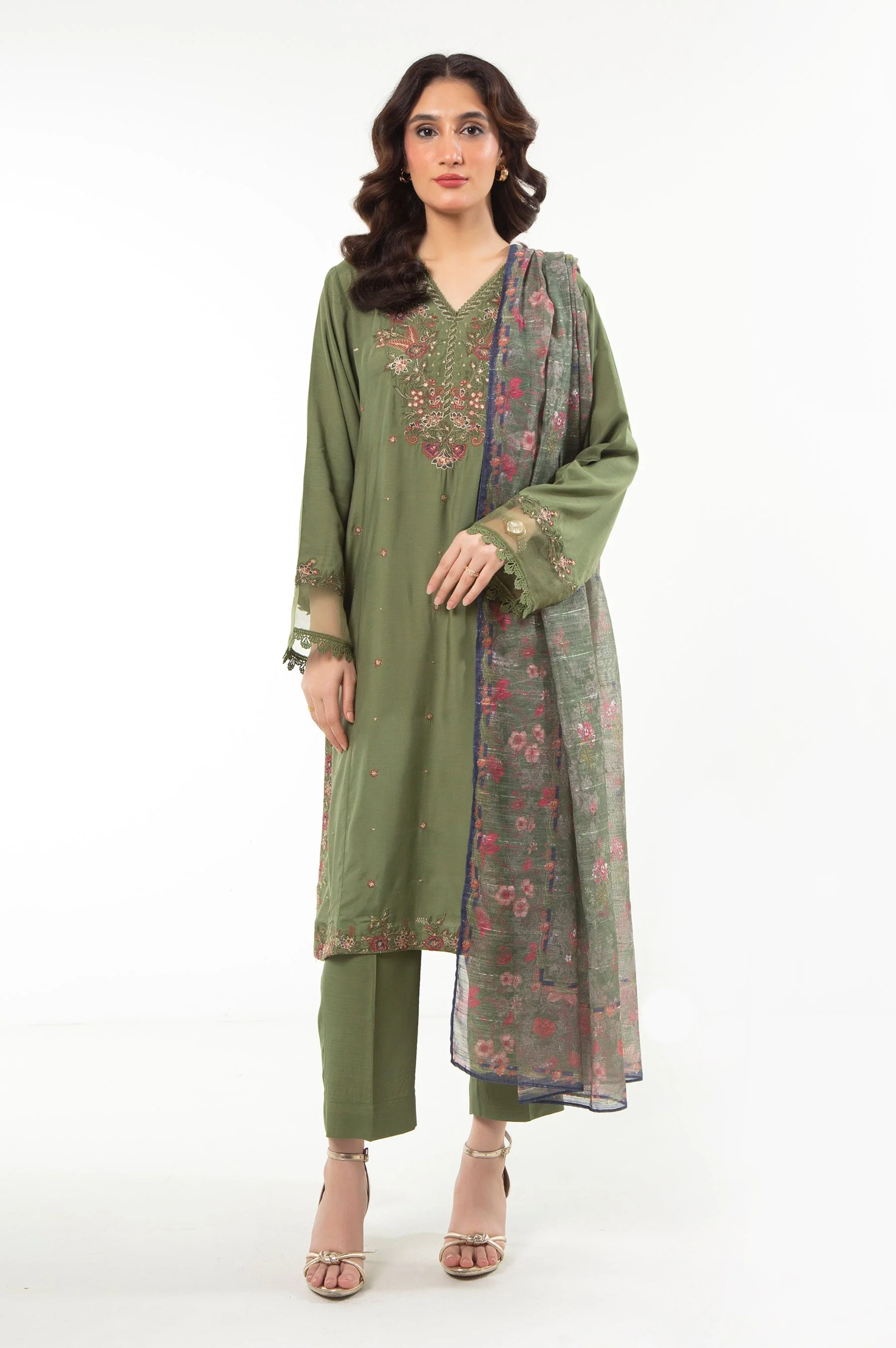 STITCHED EMBROIDERED RAW SILK SUIT (FACTORY E-OUTLET)