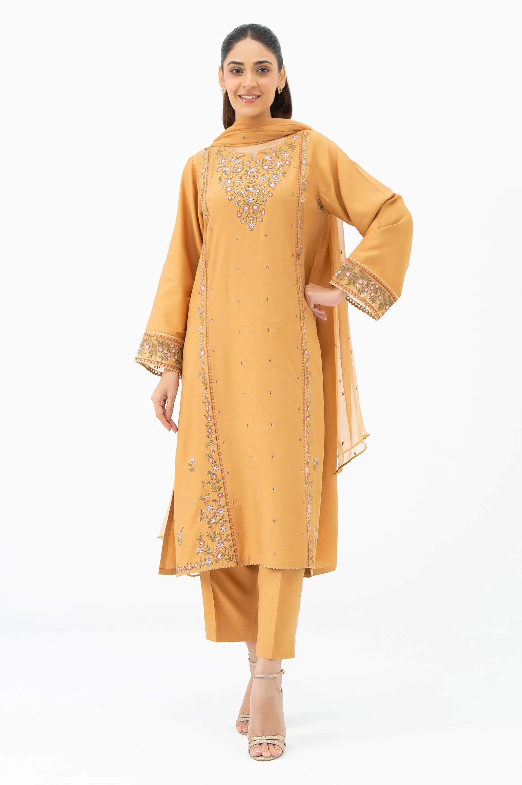 STITCHED EMBROIDERED RAW SILK SUIT (FACTORY E-OUTLET)