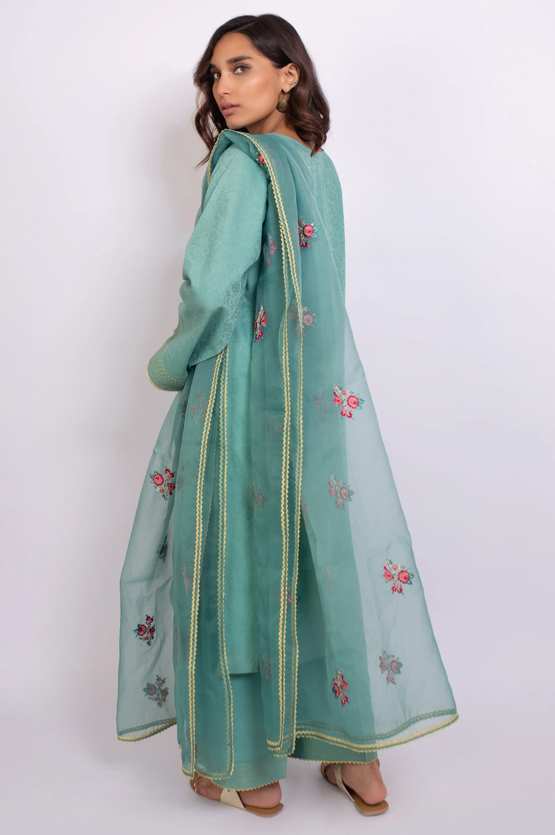 Stitched 3 Piece Embroidered Satin Jacquard Suit - Image 3