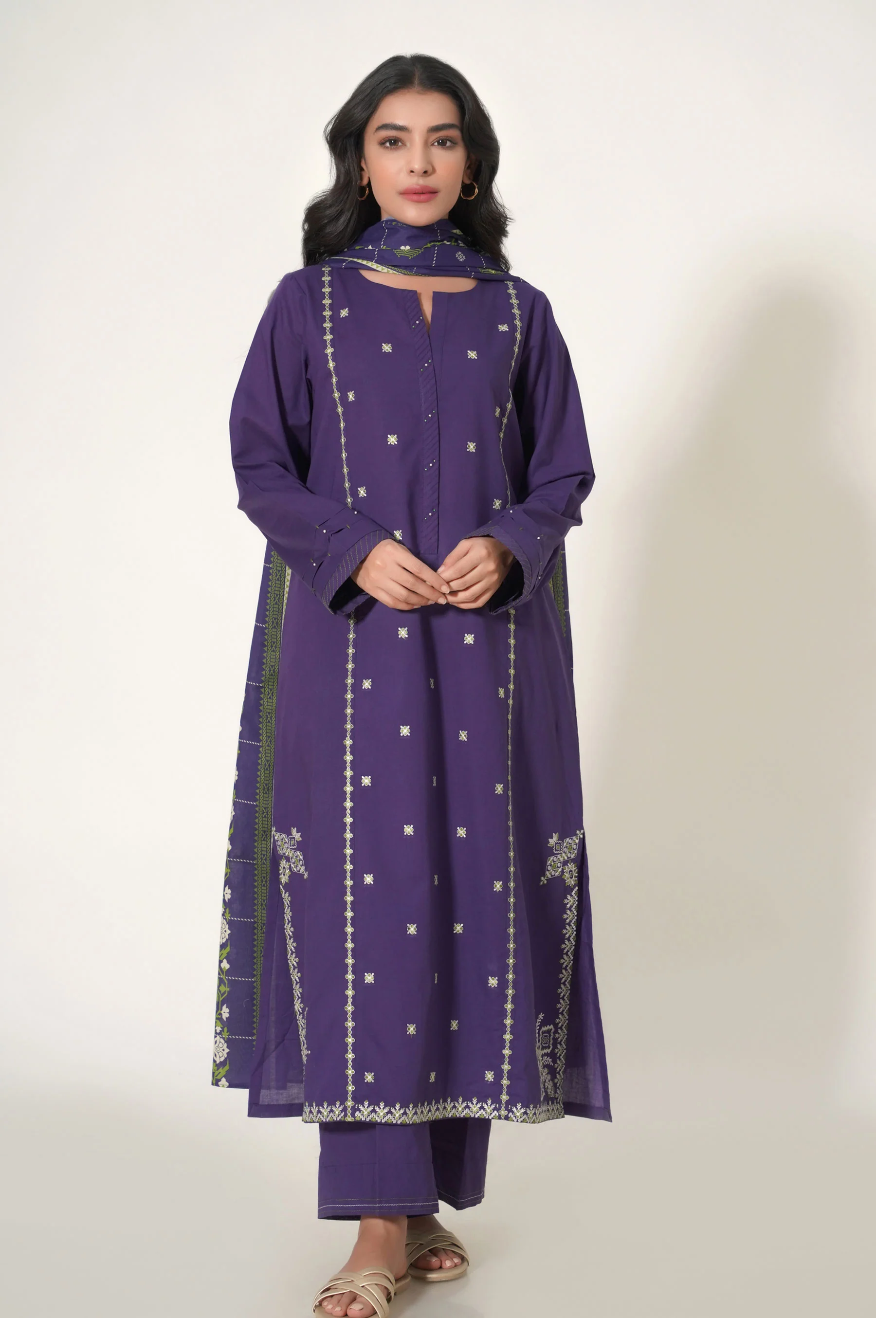 Stitched 3 Piece Embroidered Slub Cambric Suit - Image 2