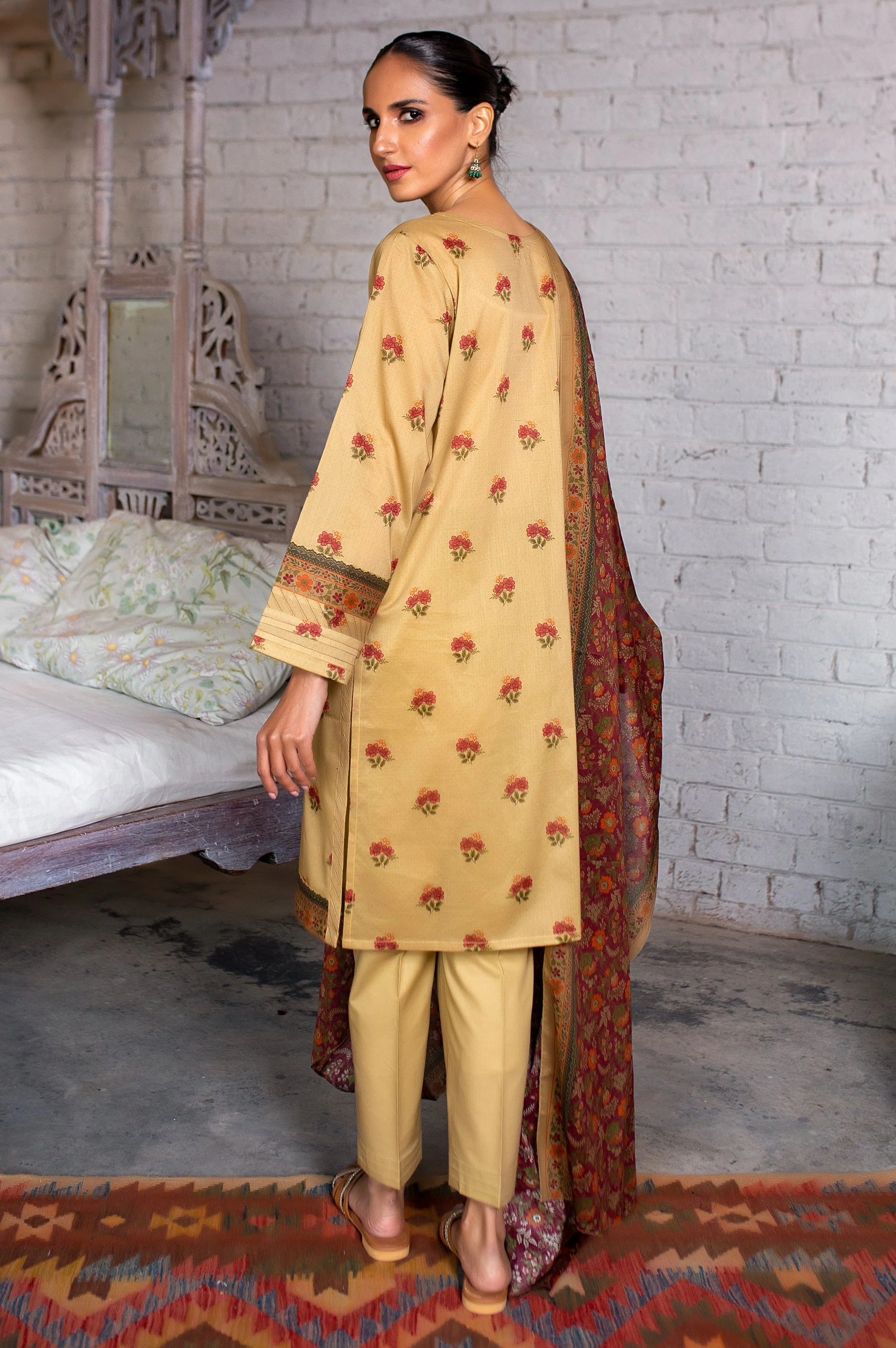 Stitched 3 Piece Embroidered Slub Lawn Suit with Printed Lawn Dupatta - Image 2