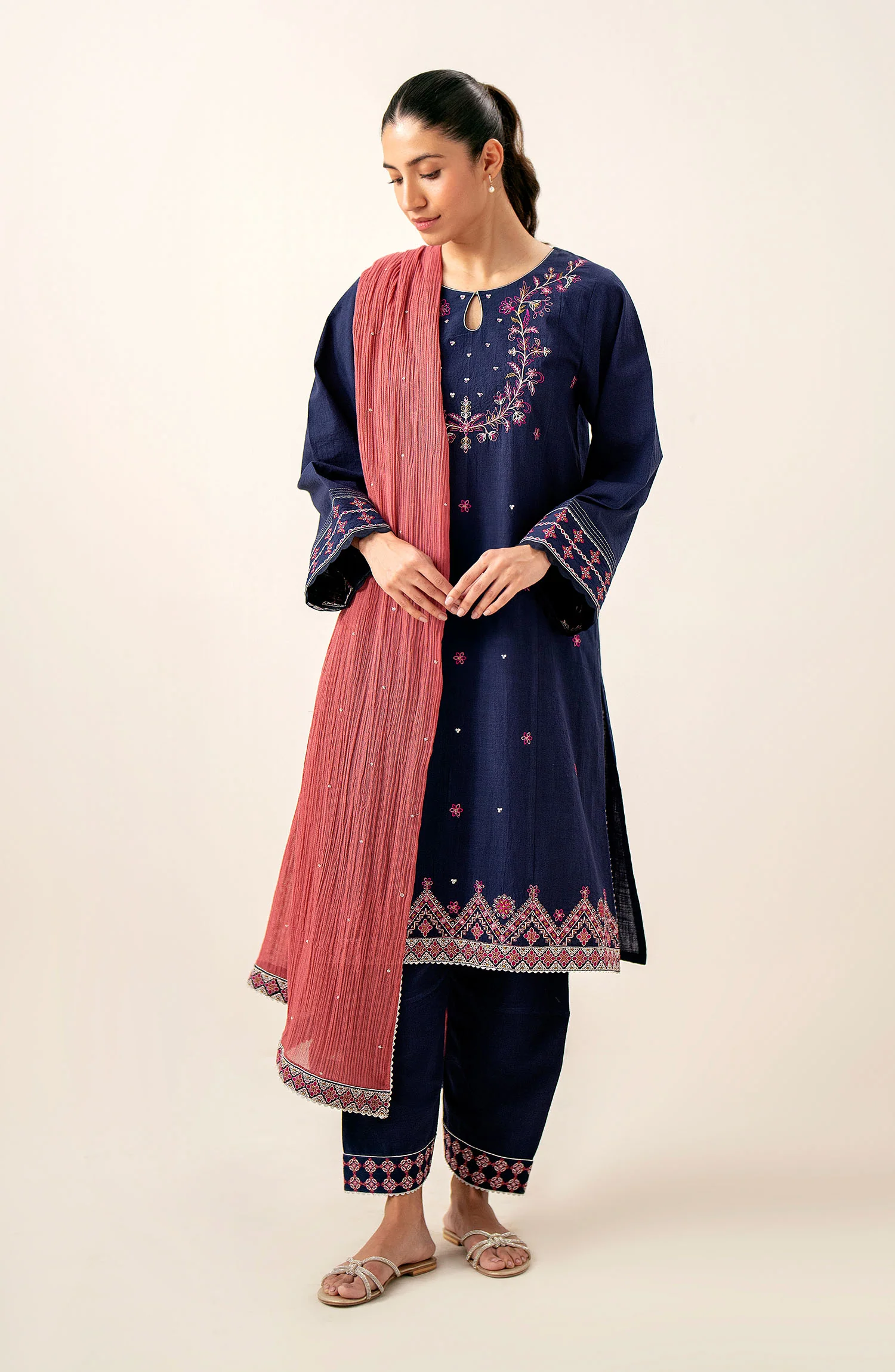 Stitched 3 Piece Embroidered Slub Lawn Suit - Image 5