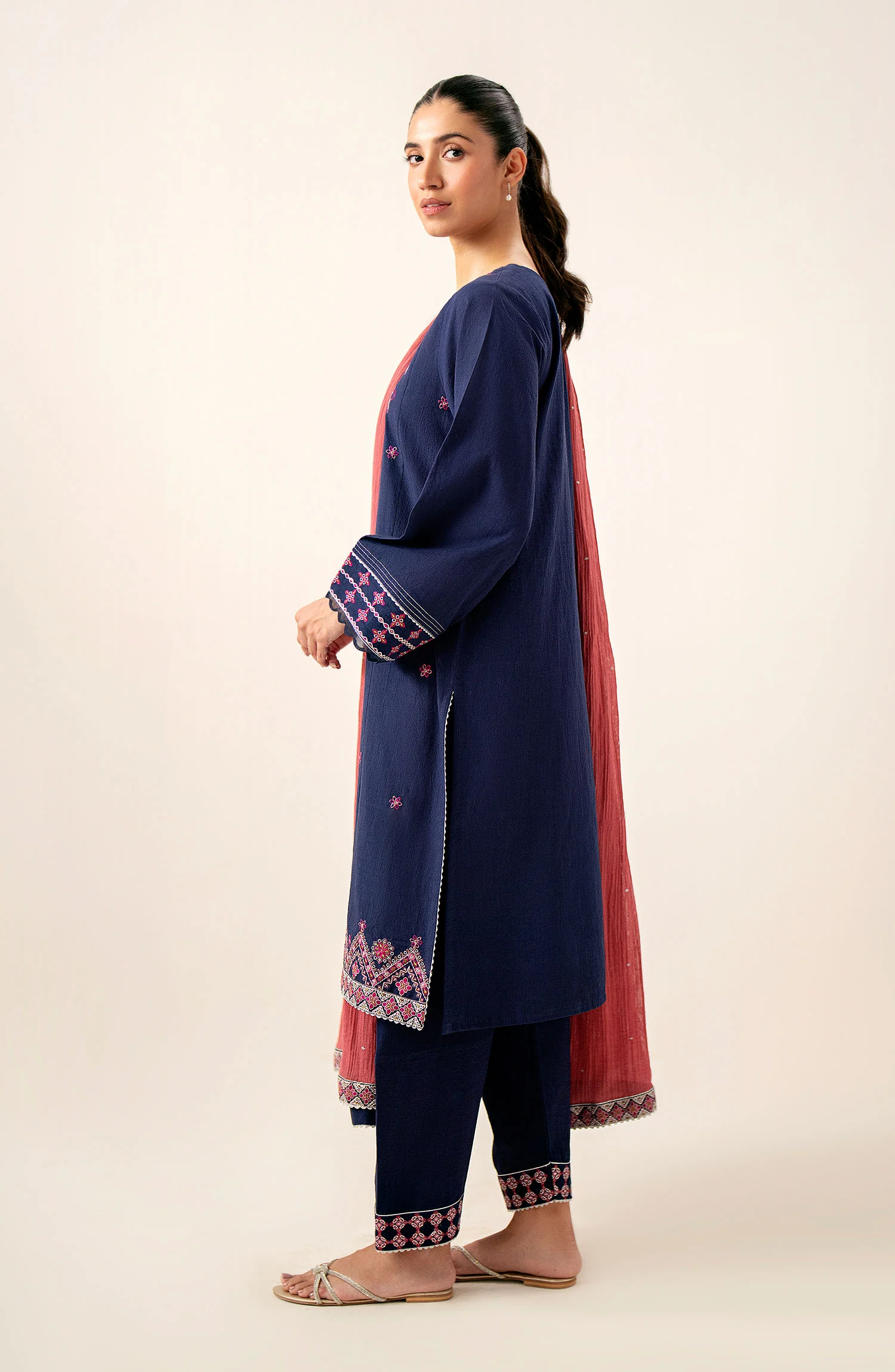 Stitched 3 Piece Embroidered Slub Lawn Suit - Image 6