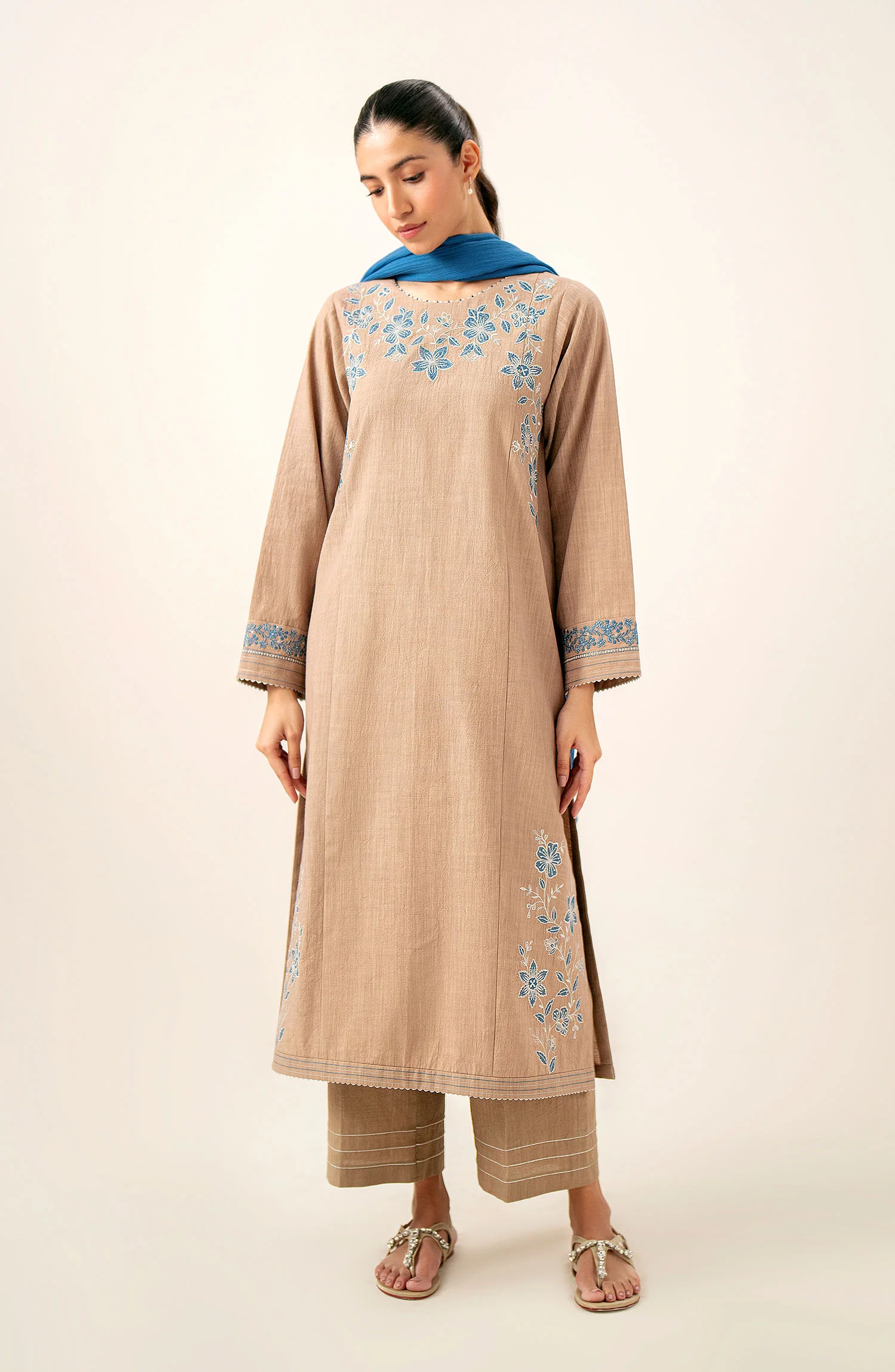 Stitched 3 Piece Embroidered Slub Lawn Suit - Image 2