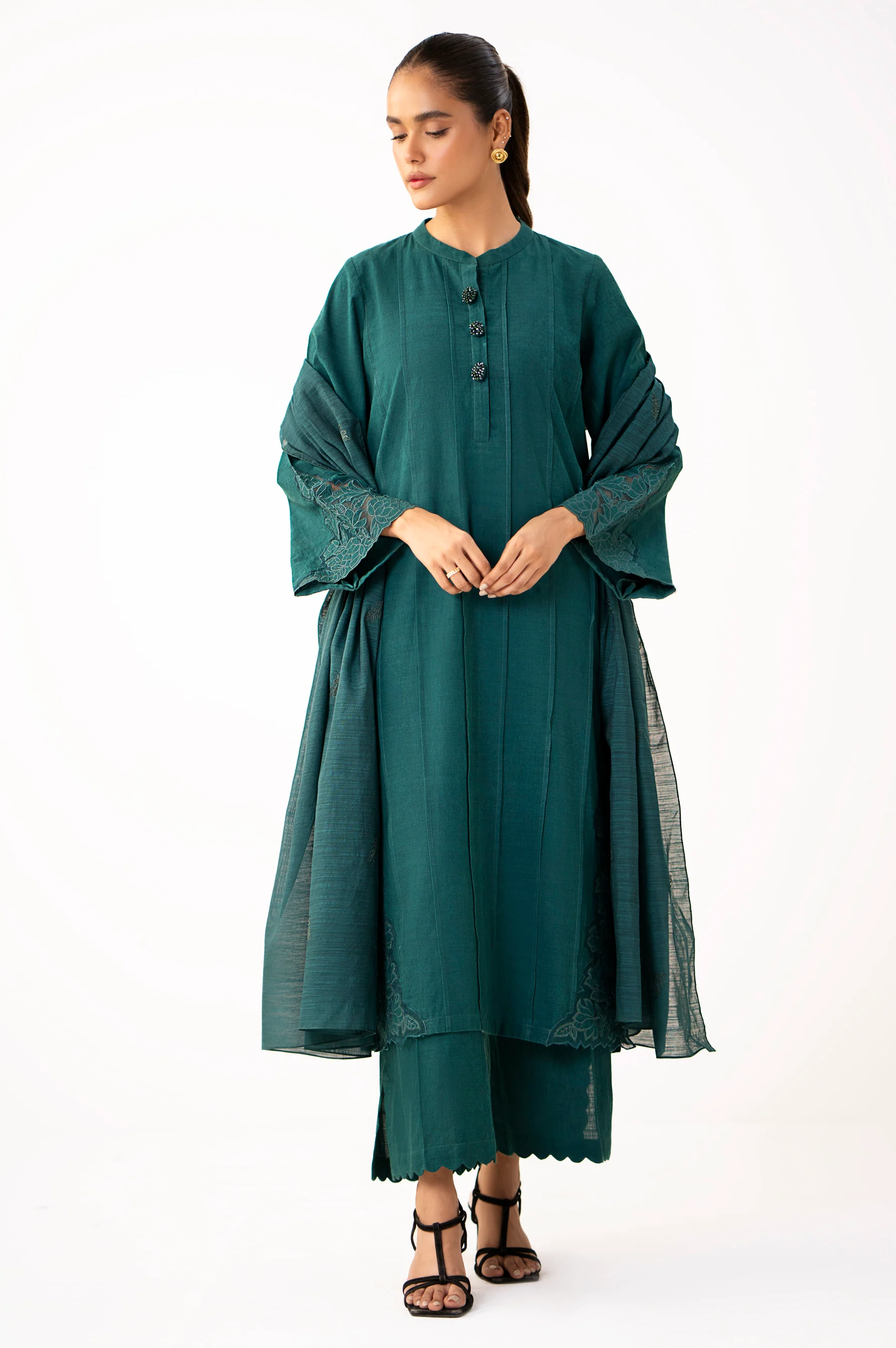 Stitched 3 Piece Embroidered Slub Suit - Image 3