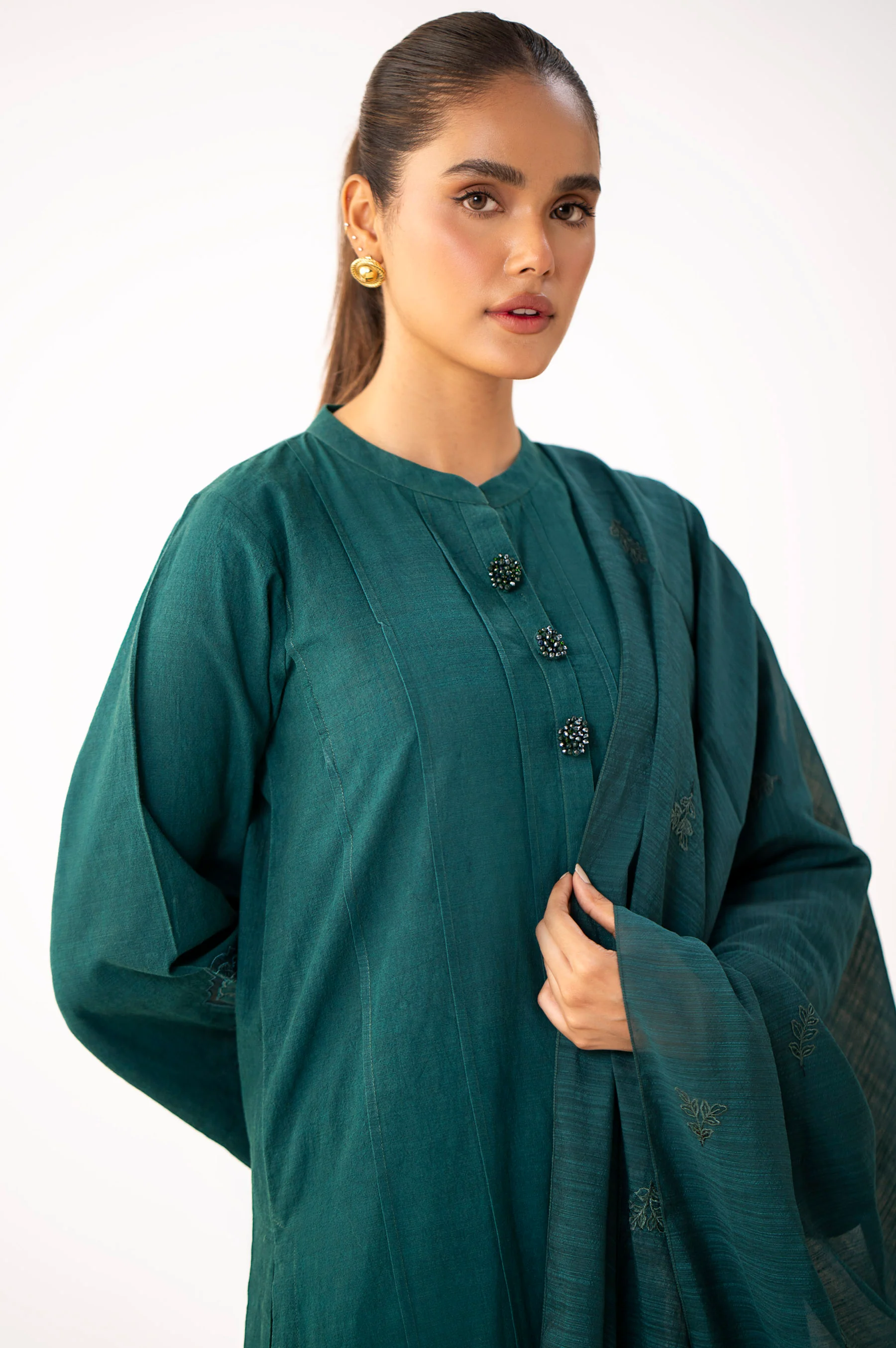 Stitched 3 Piece Embroidered Slub Suit - Image 4