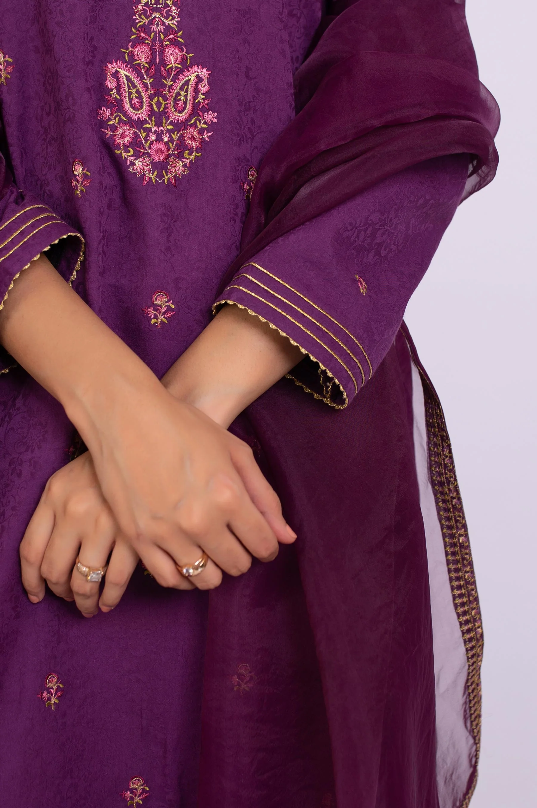 Stitched 3 Piece Embroidered Jacquard Suit - Image 4