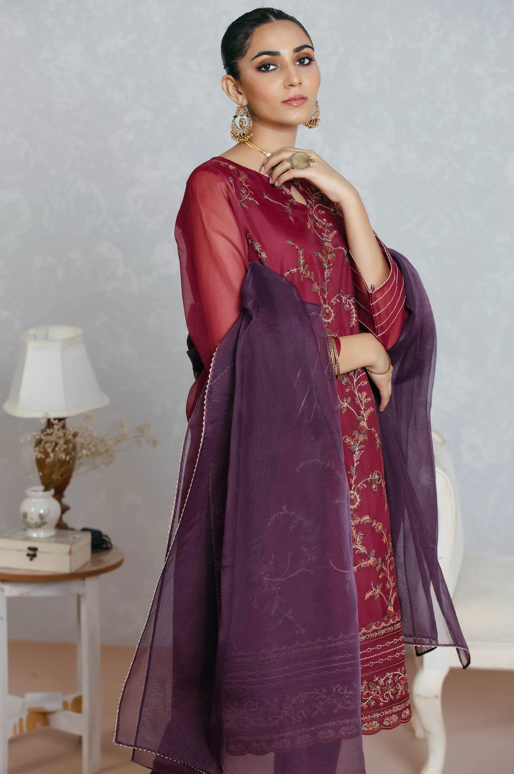 Stitched 3 Piece Textured Organza Embroidered Suit - Image 3