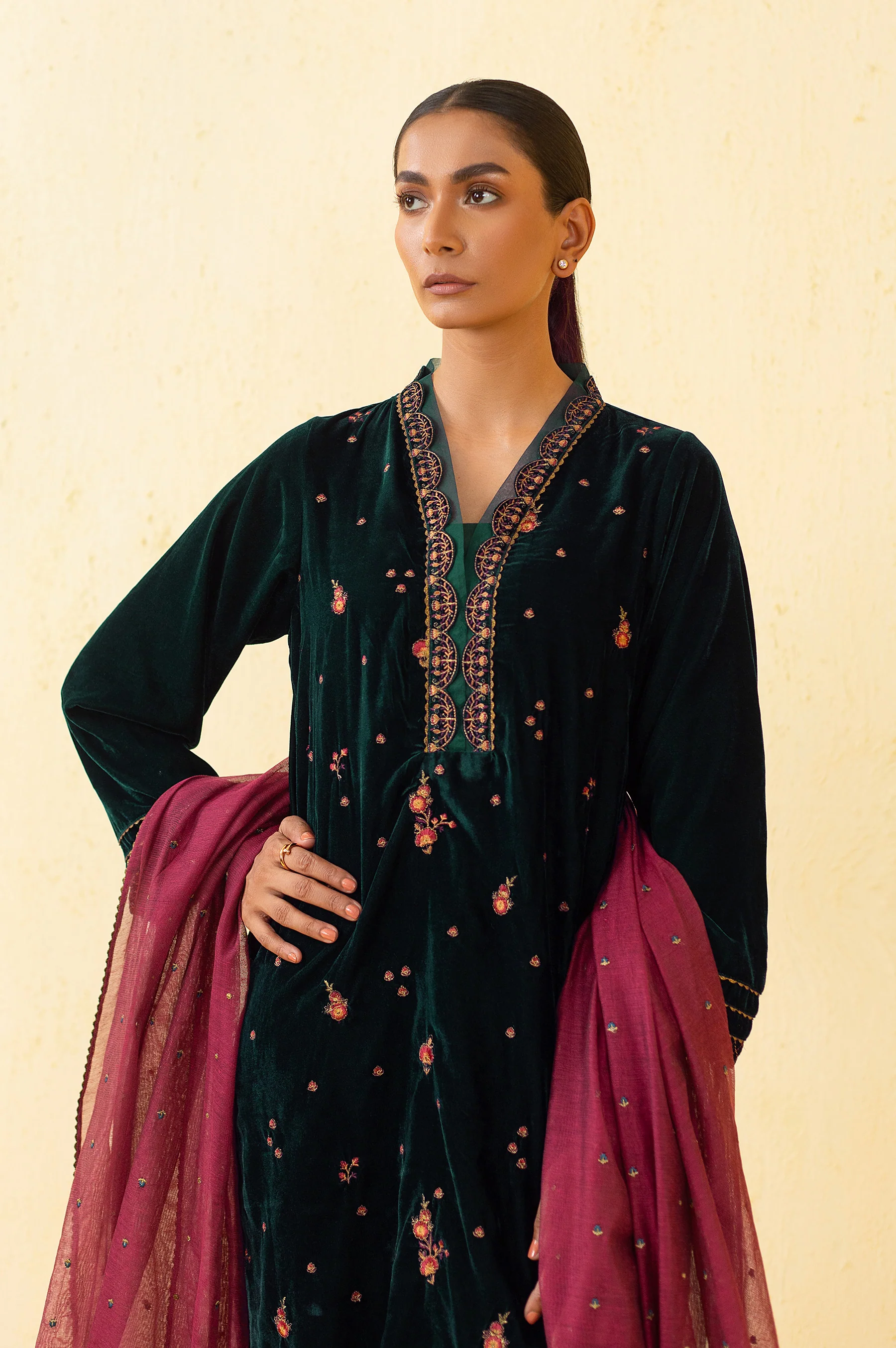 Stitched 3 Piece Embroidered Velvet Suit - Teal Green - Image 2