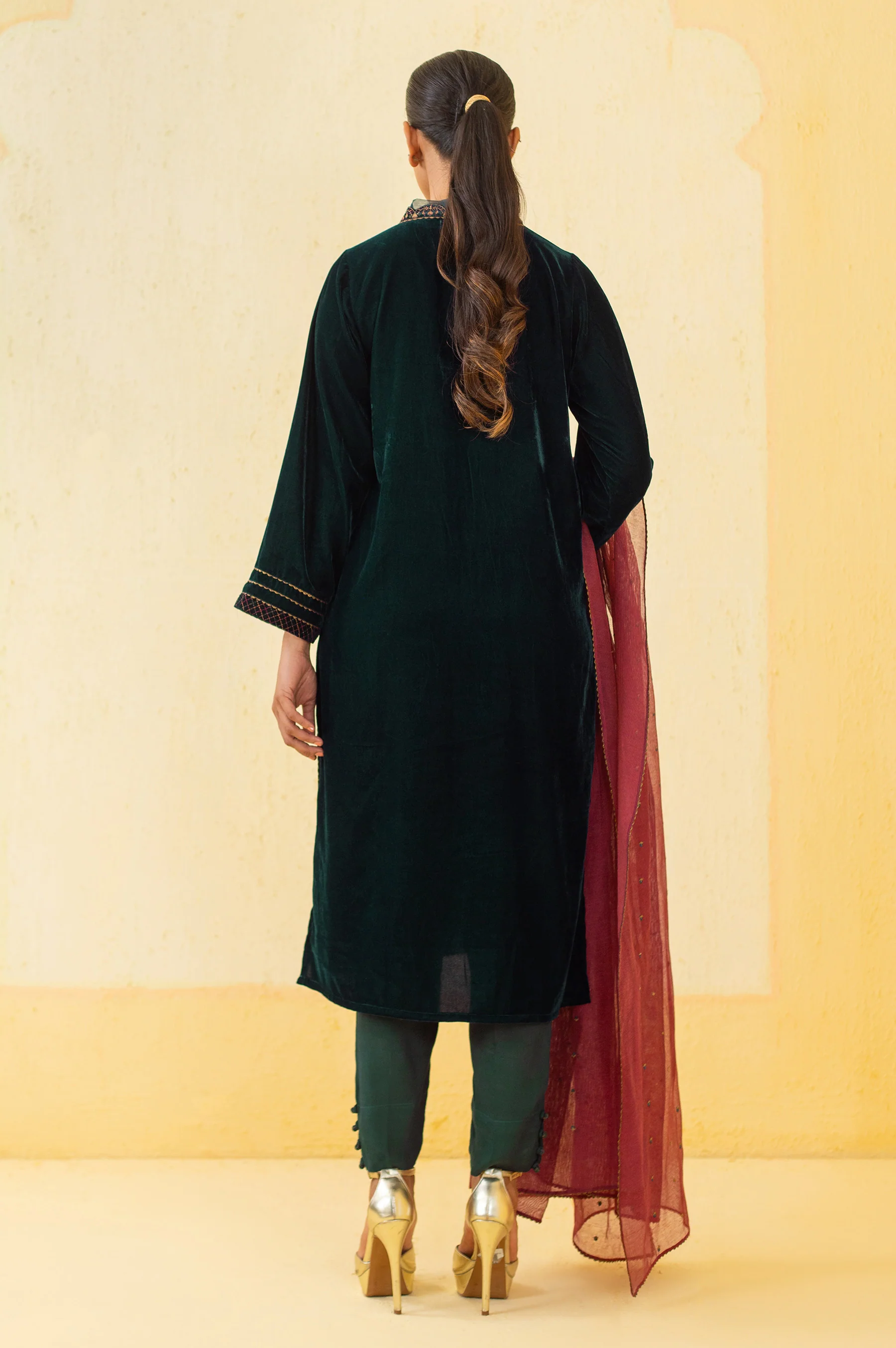 Stitched 3 Piece Embroidered Velvet Suit - Teal Green - Image 4