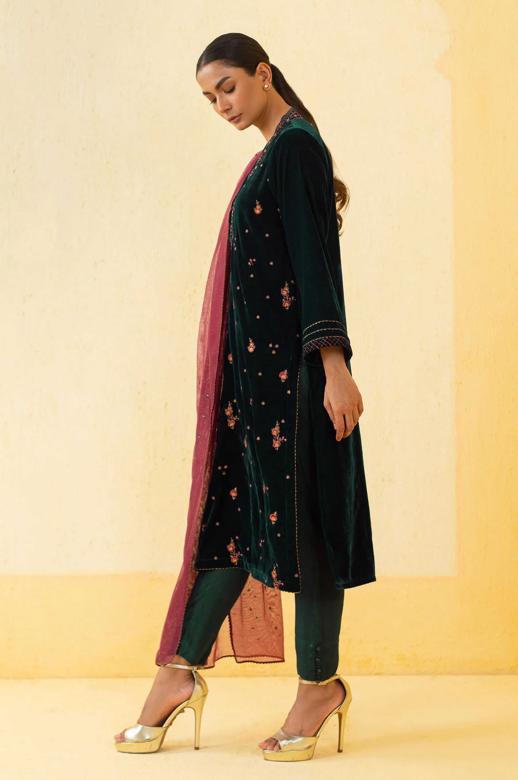 Stitched 3 Piece Embroidered Velvet Suit - Teal Green - Image 5