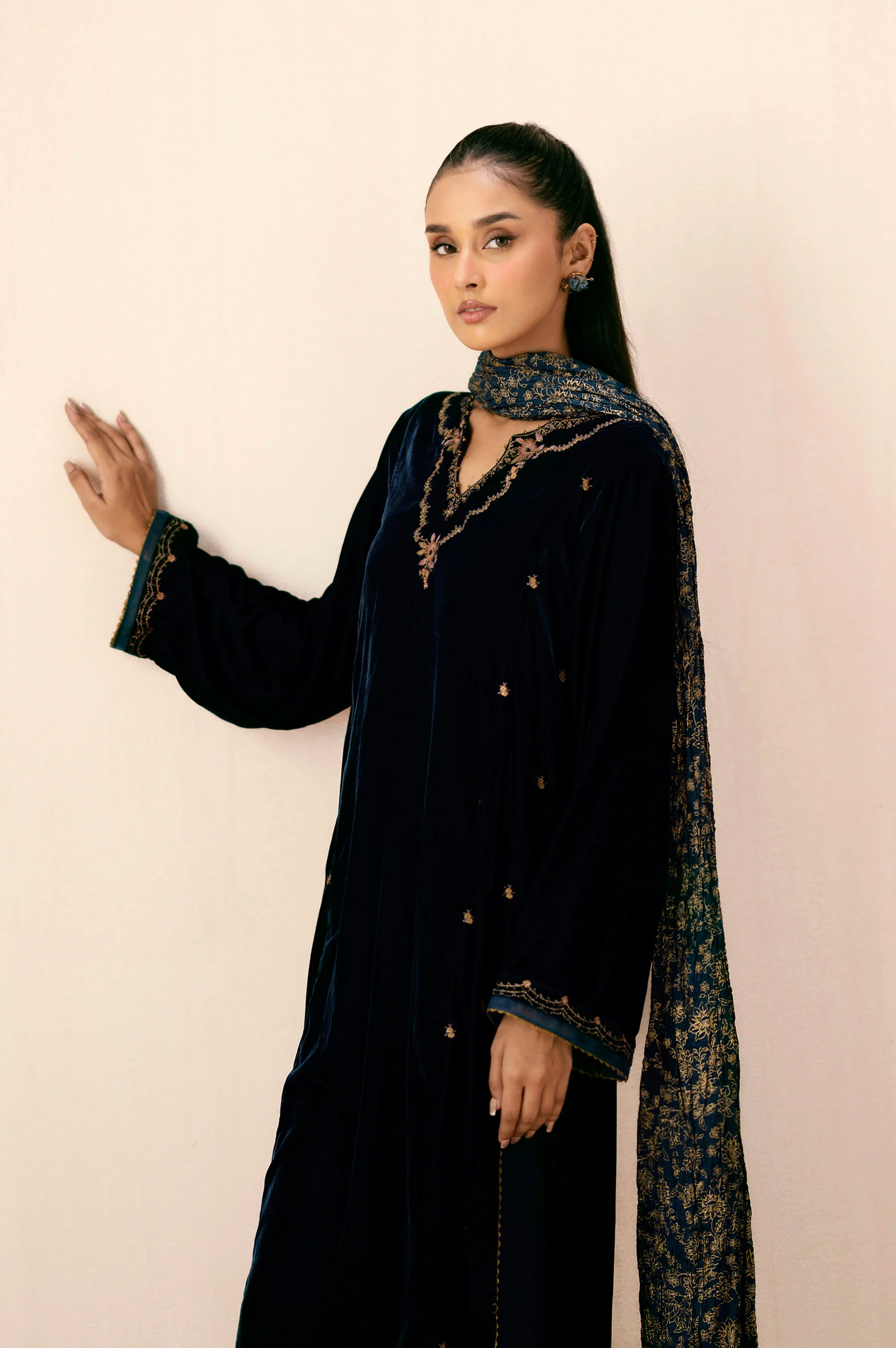 Stitched 3 Piece Embroidered Velvet Suit - Ocean Teal - Image 2