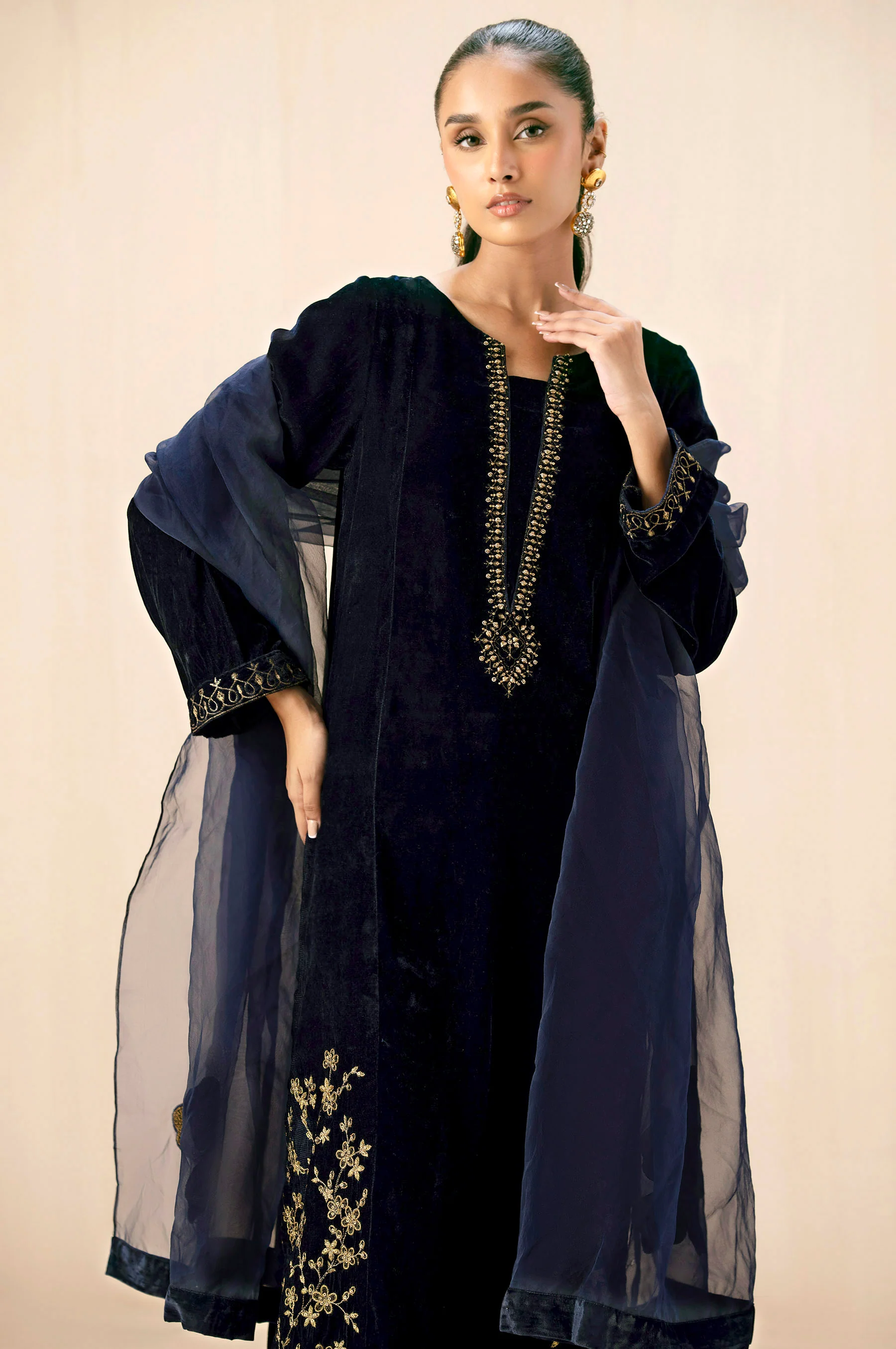 Stitched 3 Piece Embroidered Velvet Suit - Midnight Blue - Image 2