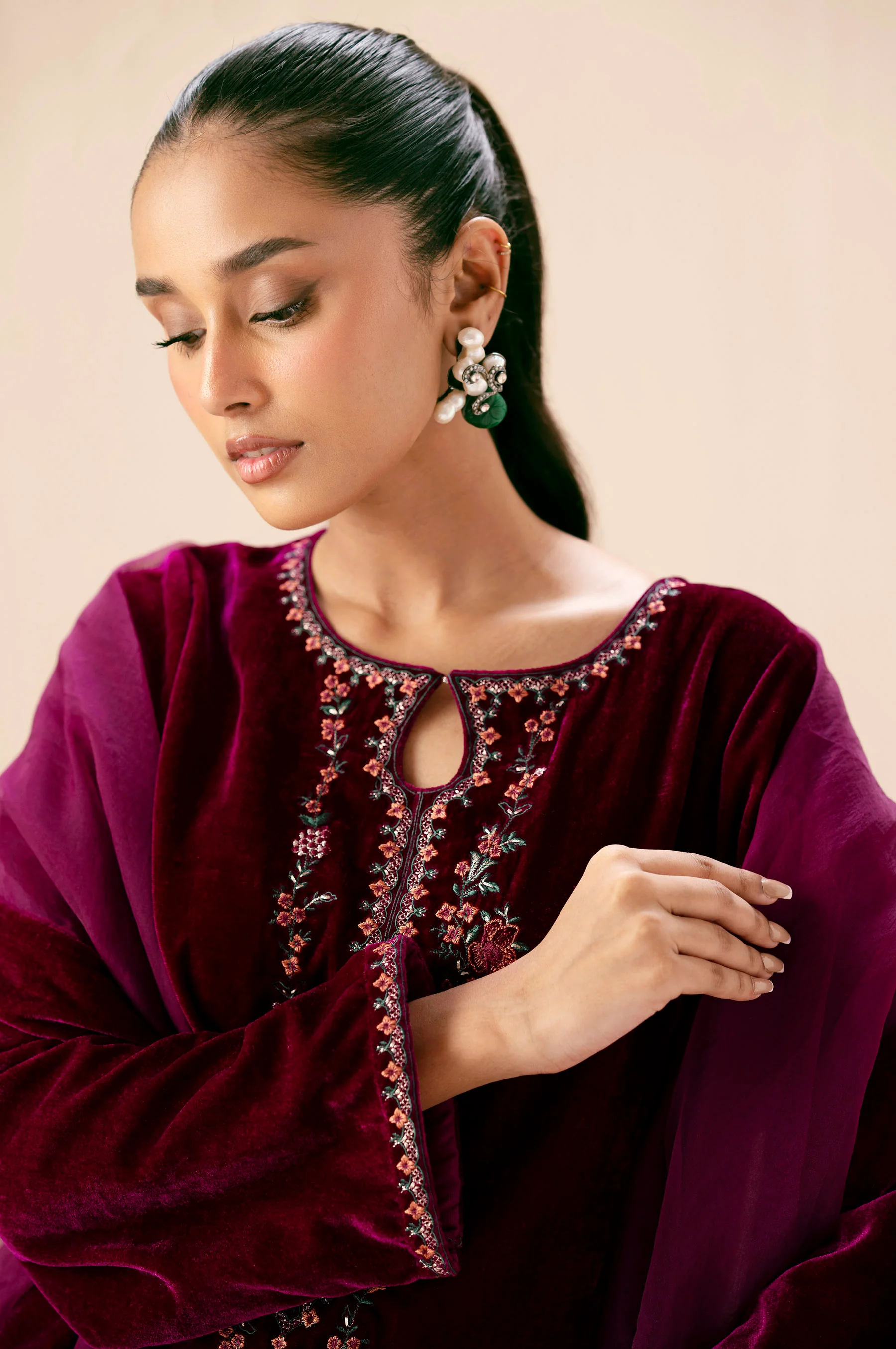 Stitched 3 Piece Embroidered Velvet Suit - Scarlet Pink - Image 2