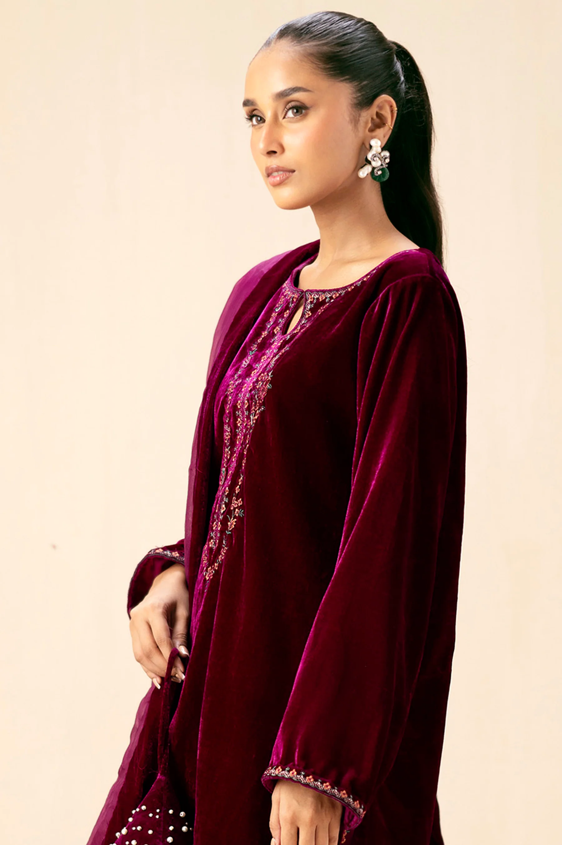 Stitched 3 Piece Embroidered Velvet Suit - Scarlet Pink - Image 5