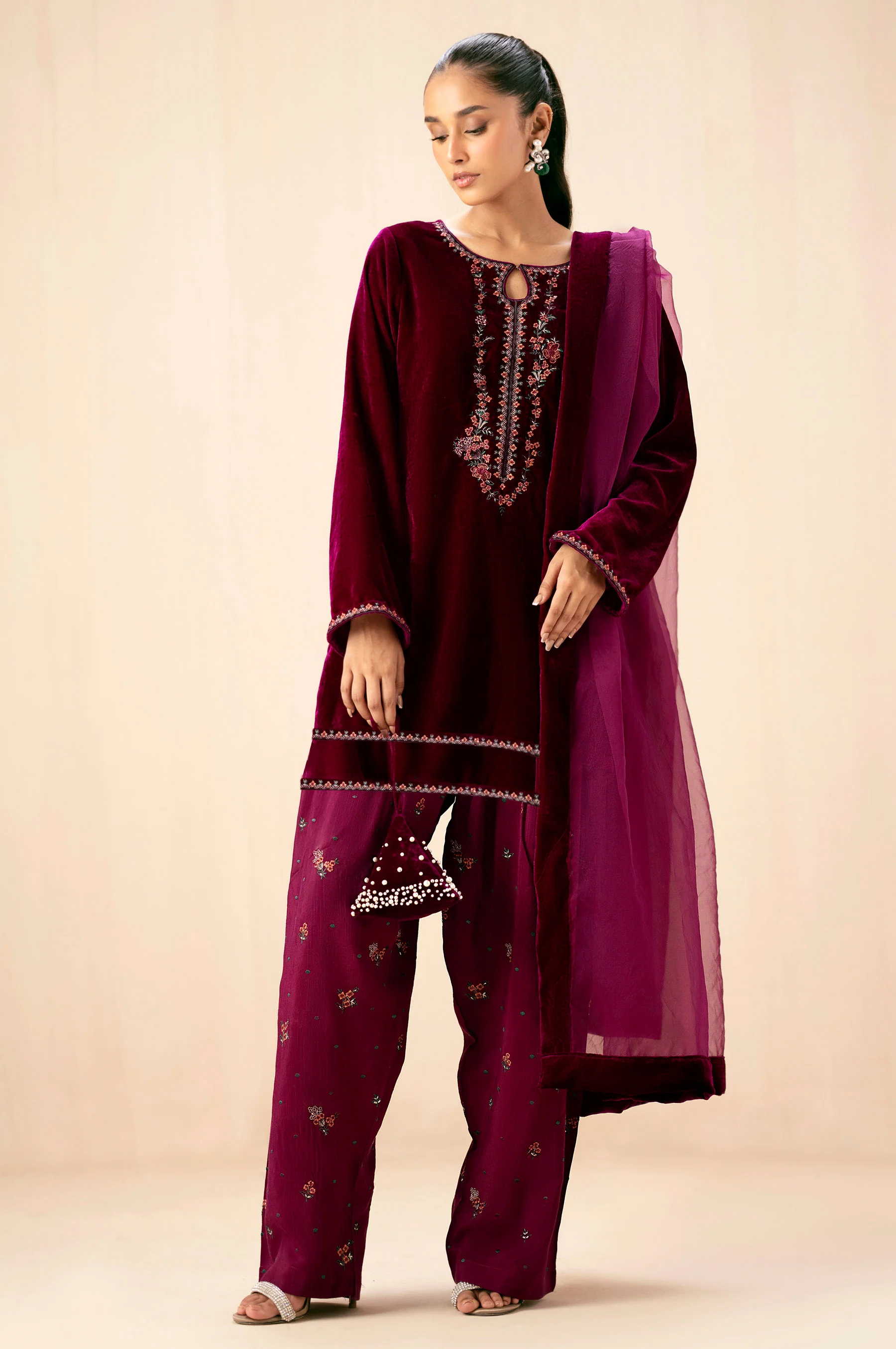 Stitched 3 Piece Embroidered Velvet Suit - Scarlet Pink - Image 6
